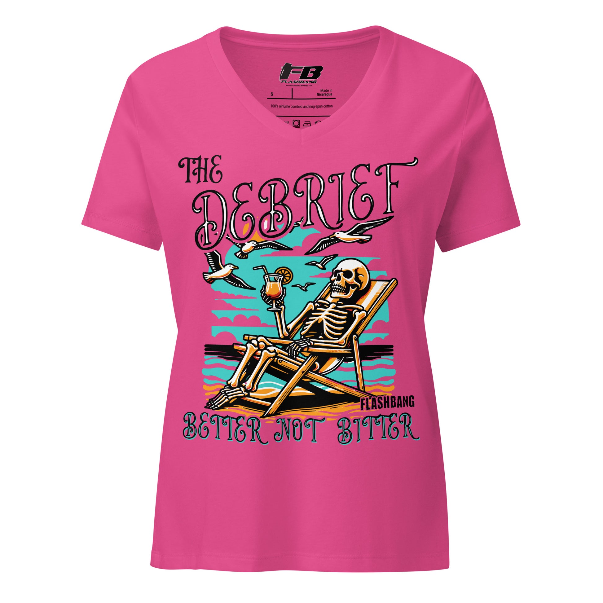 Pink t-shirt with skeleton design and text on a white background