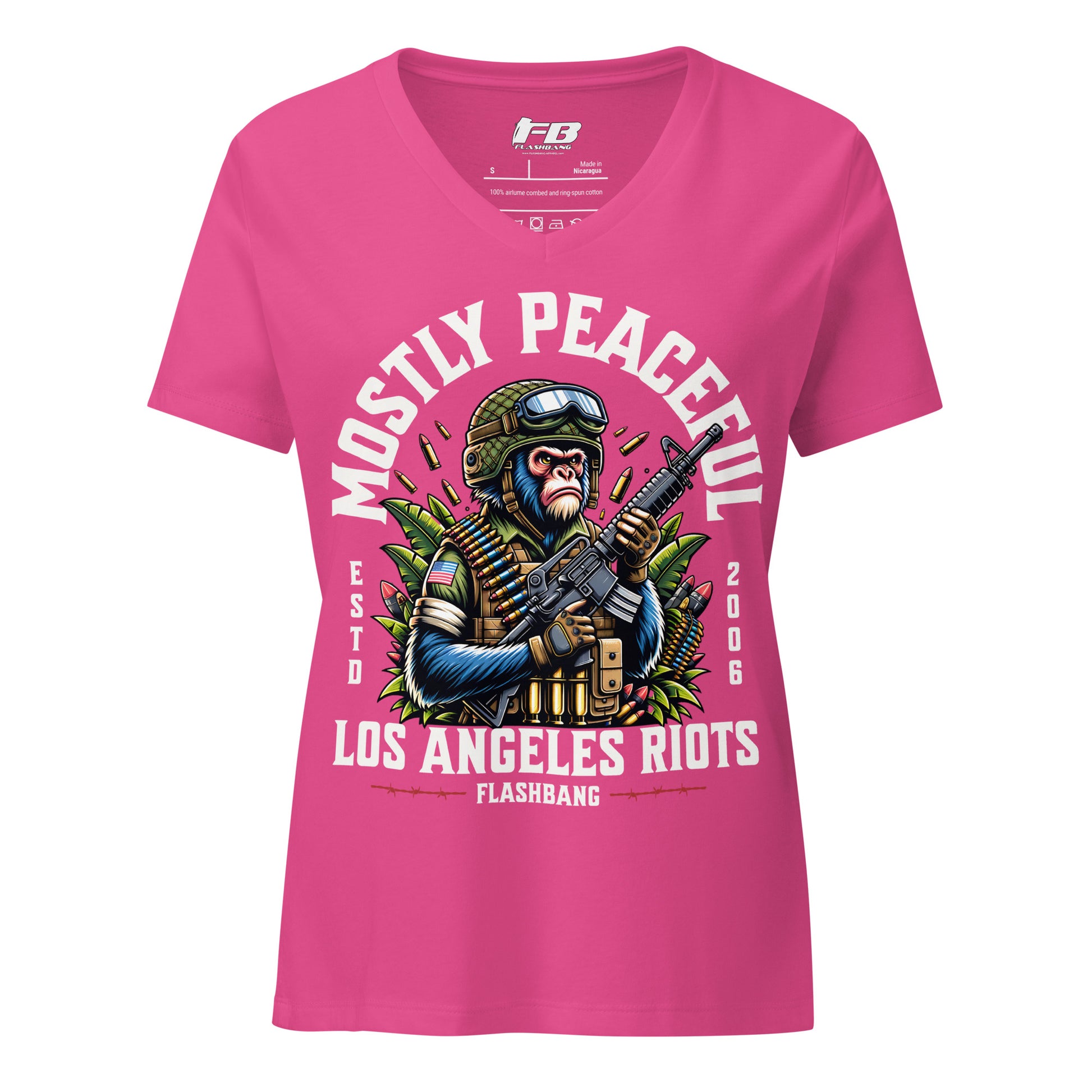 Pink t-shirt with graphic design and text on a white background