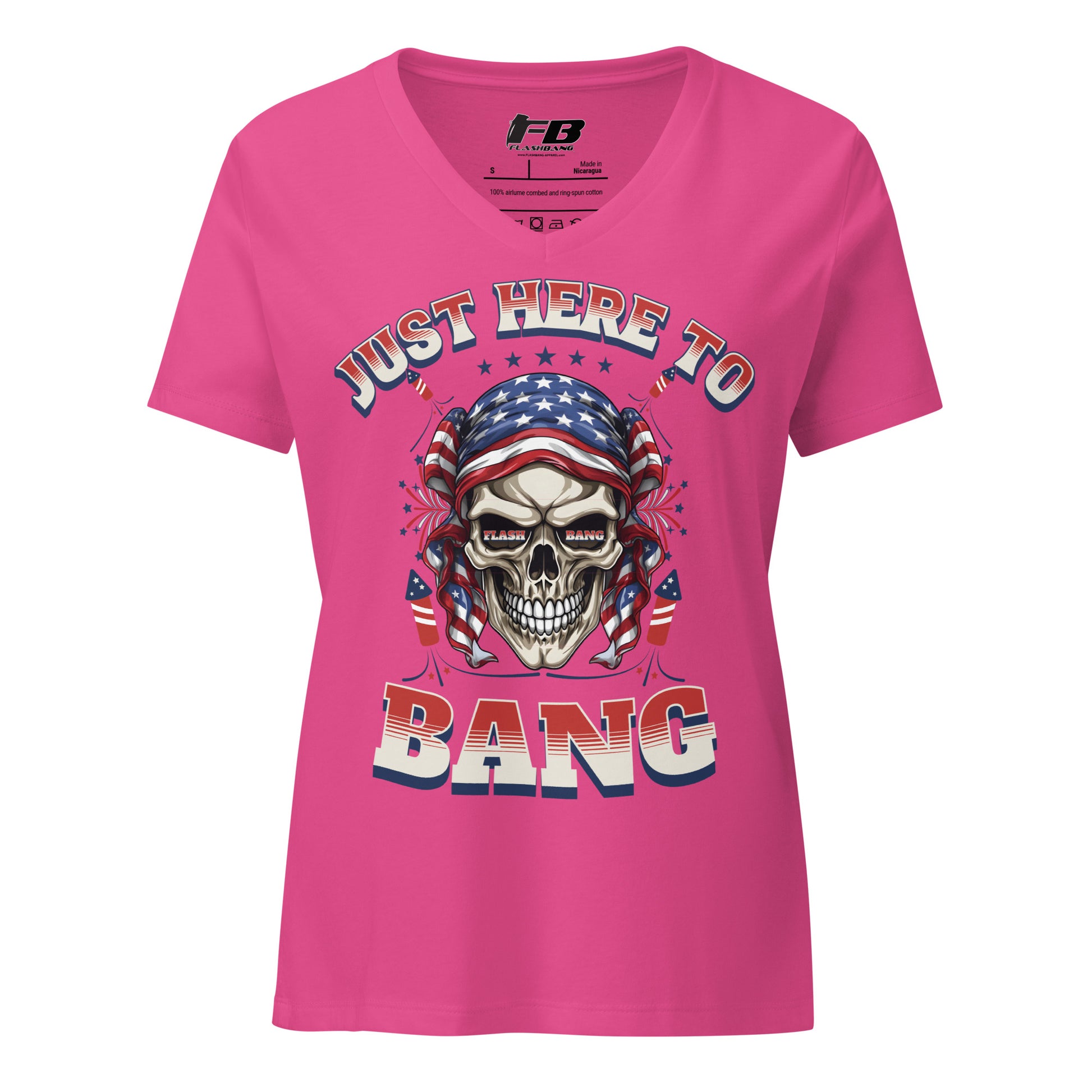 Pink t-shirt with a skull graphic and text 'Just Here To Bang' on a white background