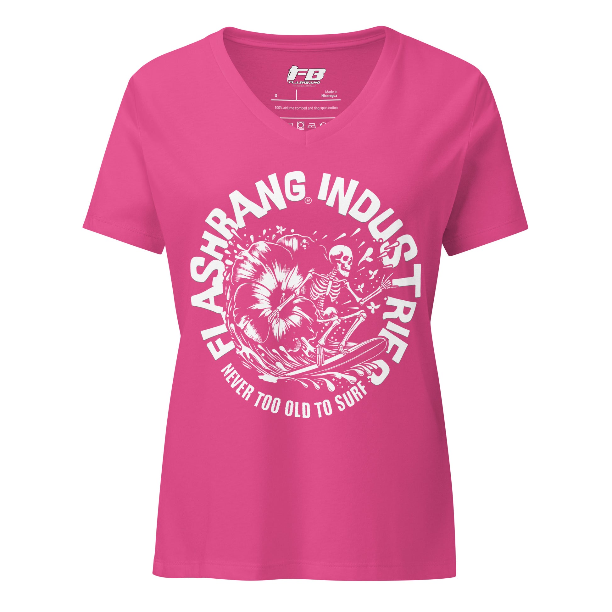 Pink t-shirt with white graphic and text on a white background