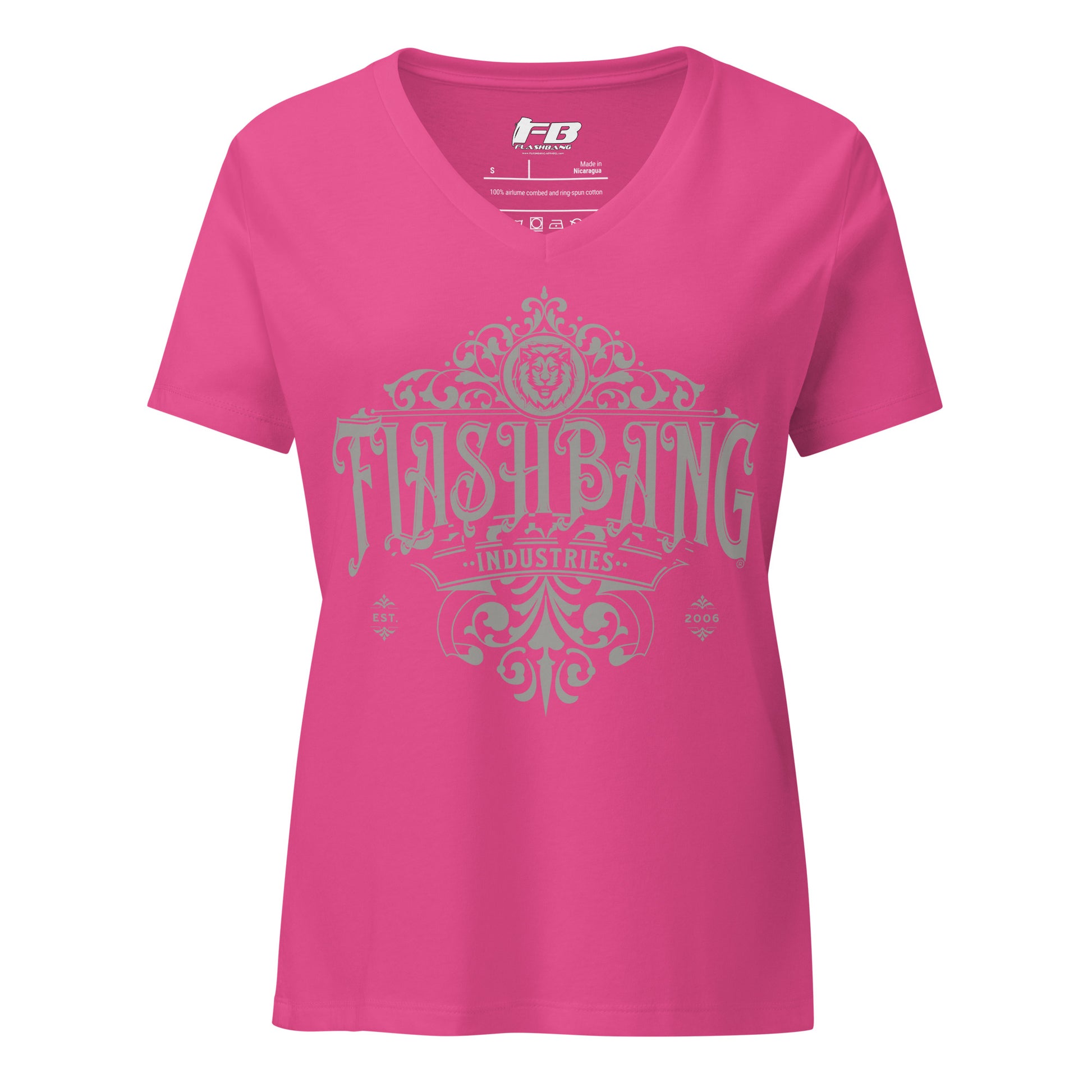 Pink t-shirt with 'Flashbang Industries' graphic design on a white background