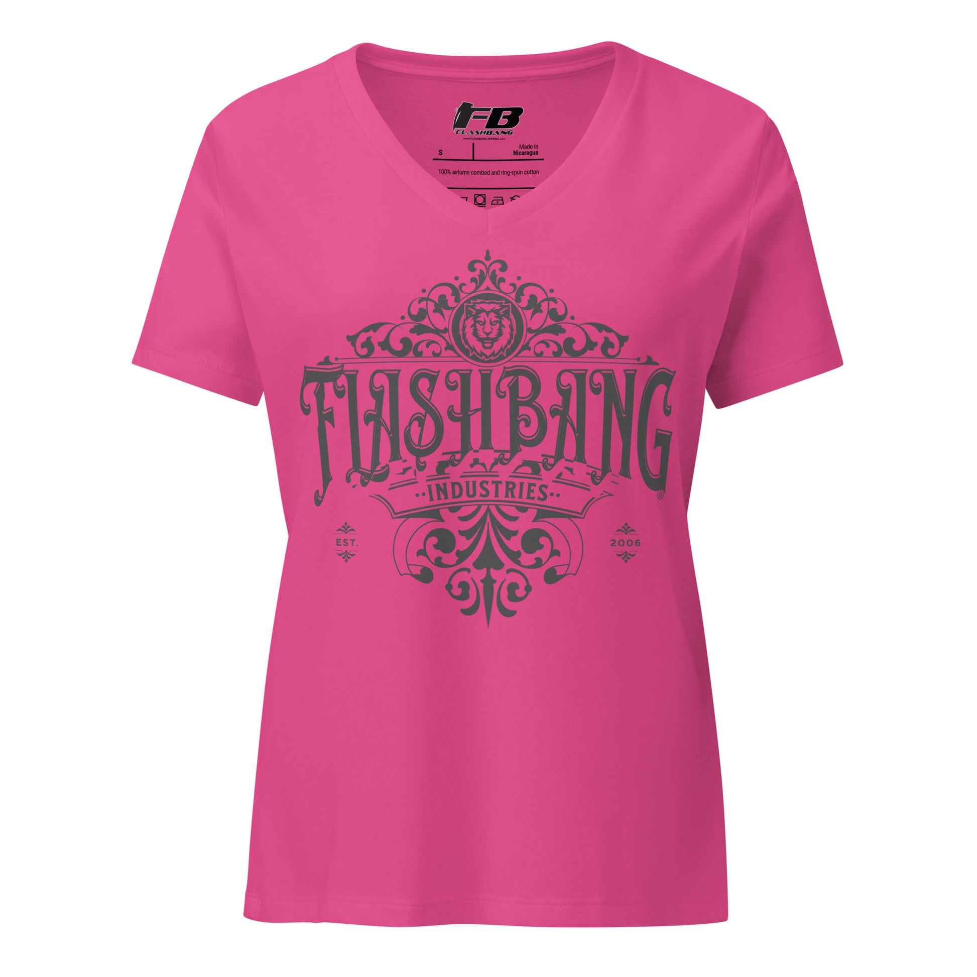 Pink t-shirt with 'Flashbang Industries' design on a white background