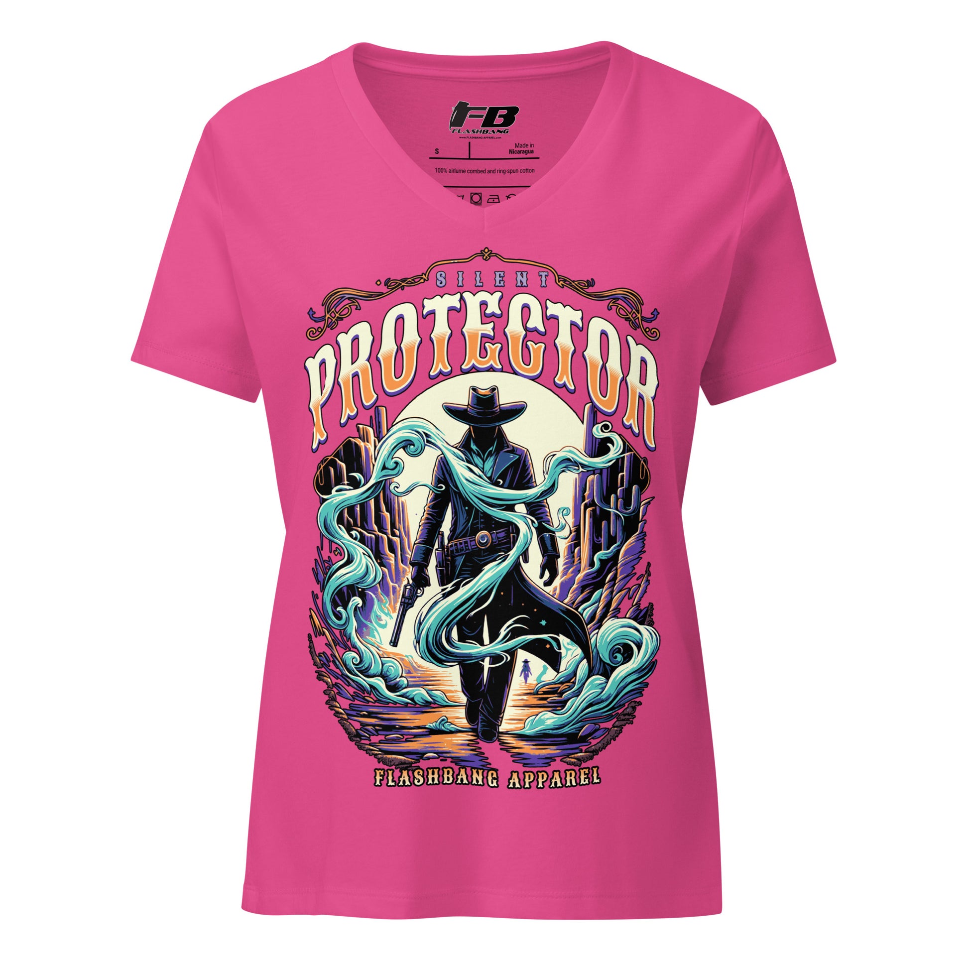 Pink t-shirt with a graphic design of a silhouette and text on a white background