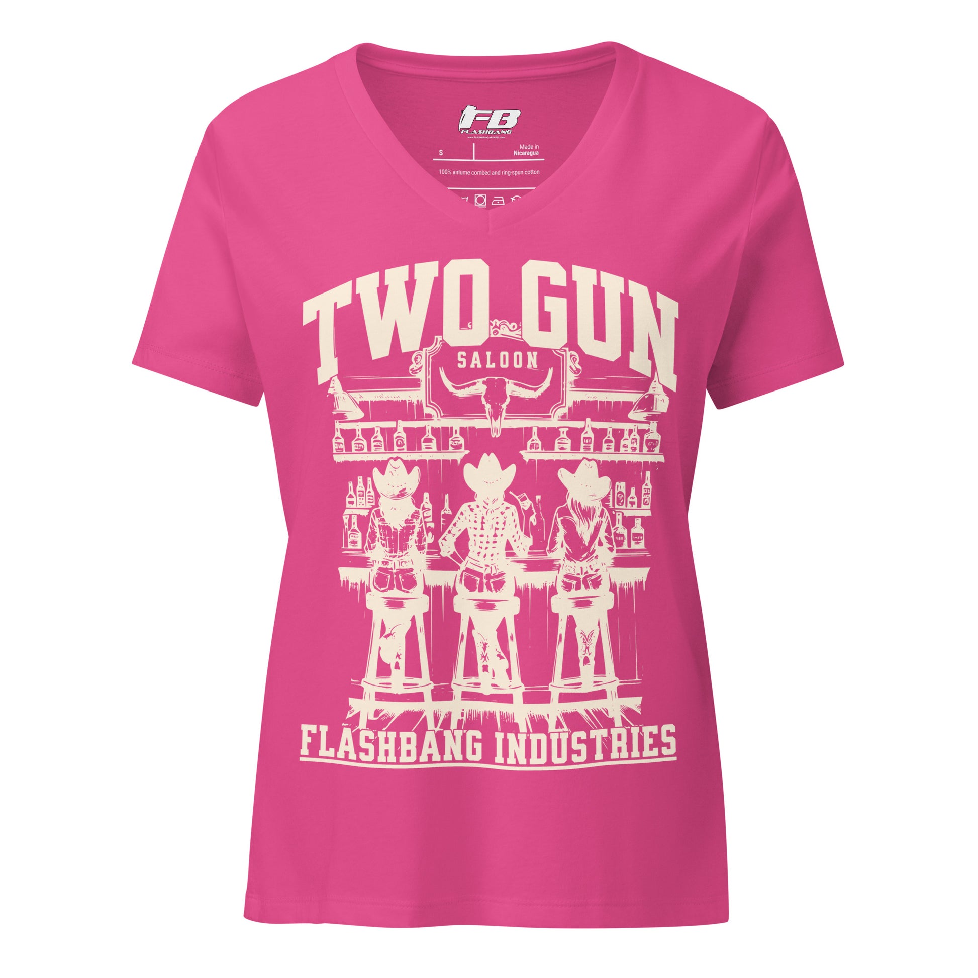 Pink t-shirt with white graphic design on a white background