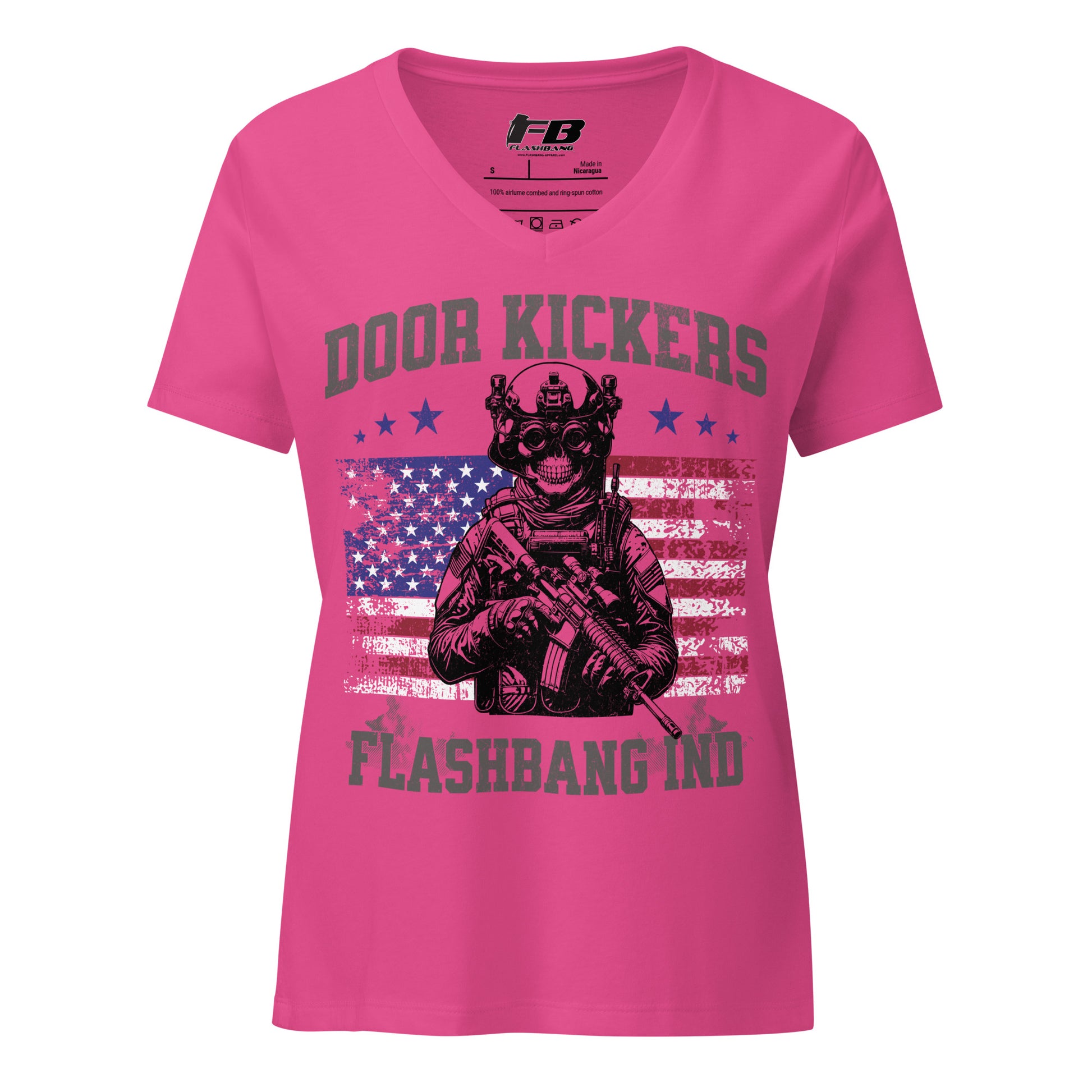 Pink t-shirt with graphic design and text on a white background