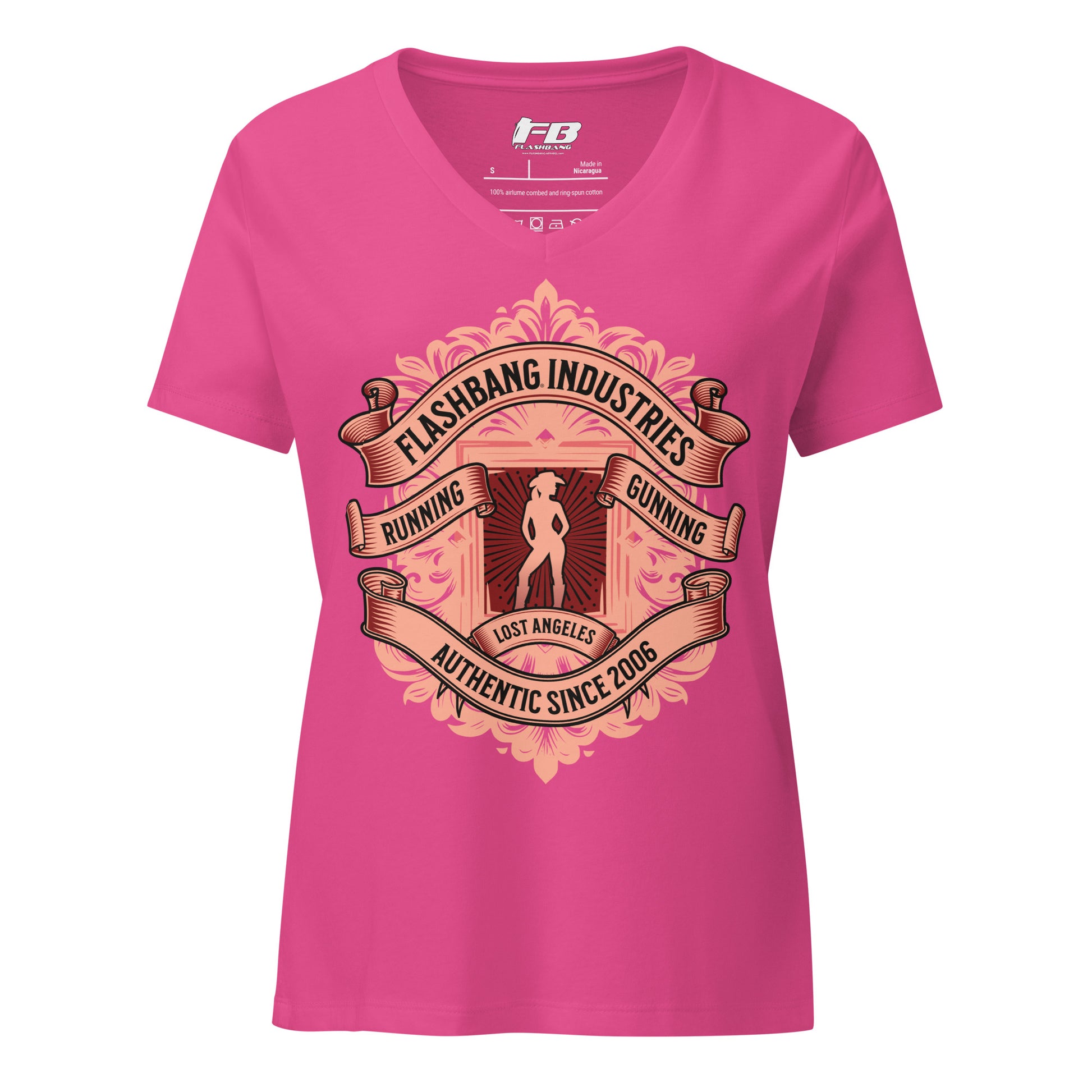 Pink t-shirt with 'Flashbang Industries' graphic design on a white background