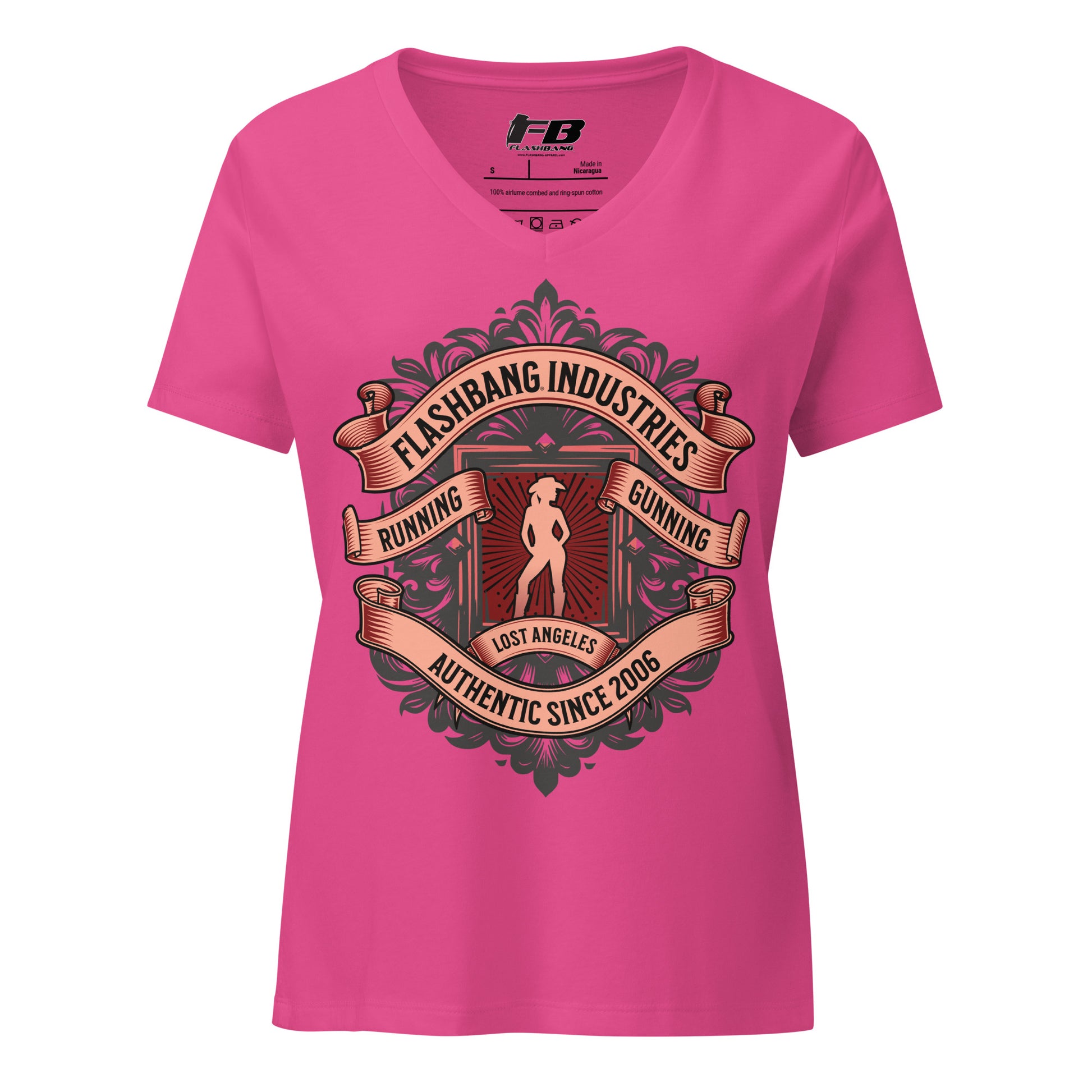 Pink t-shirt with graphic design and 'Flashbang Industries' text on a white background