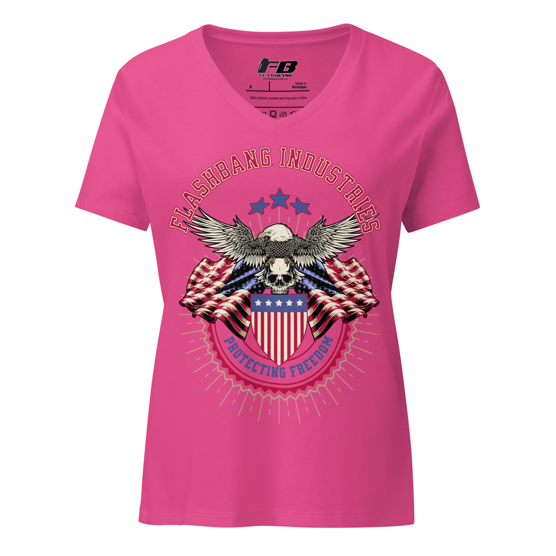 Pink t-shirt with an eagle and American flag design on a white background