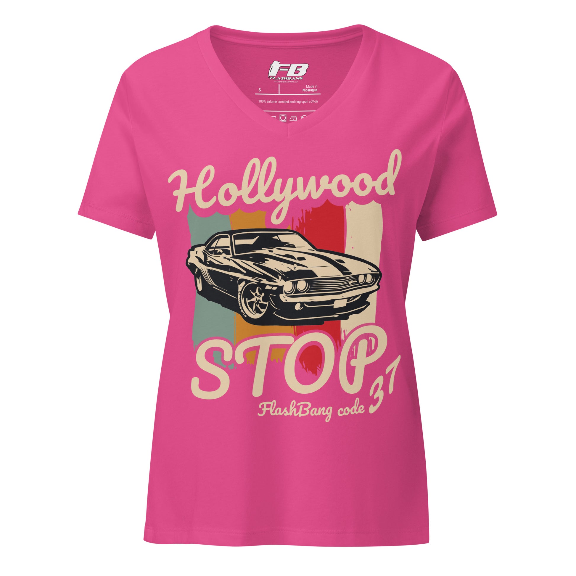 Pink t-shirt with vintage car graphic and text on a white background