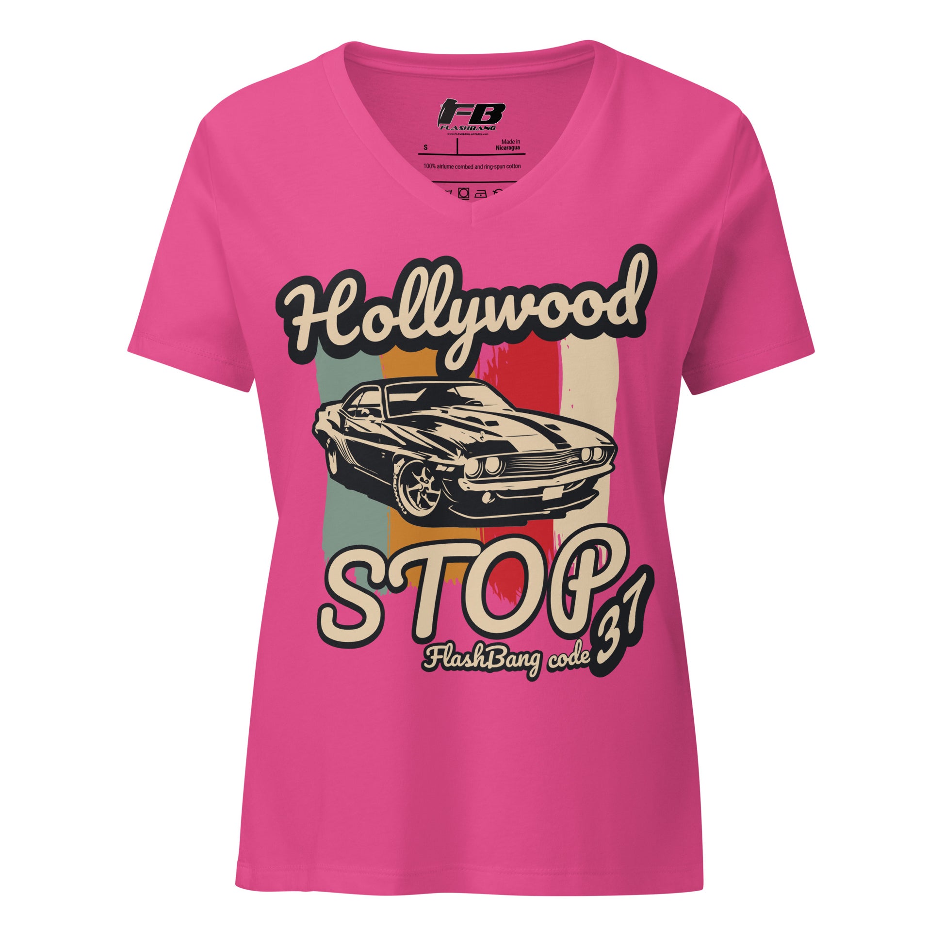 Pink t-shirt with vintage car graphic and text on a white background