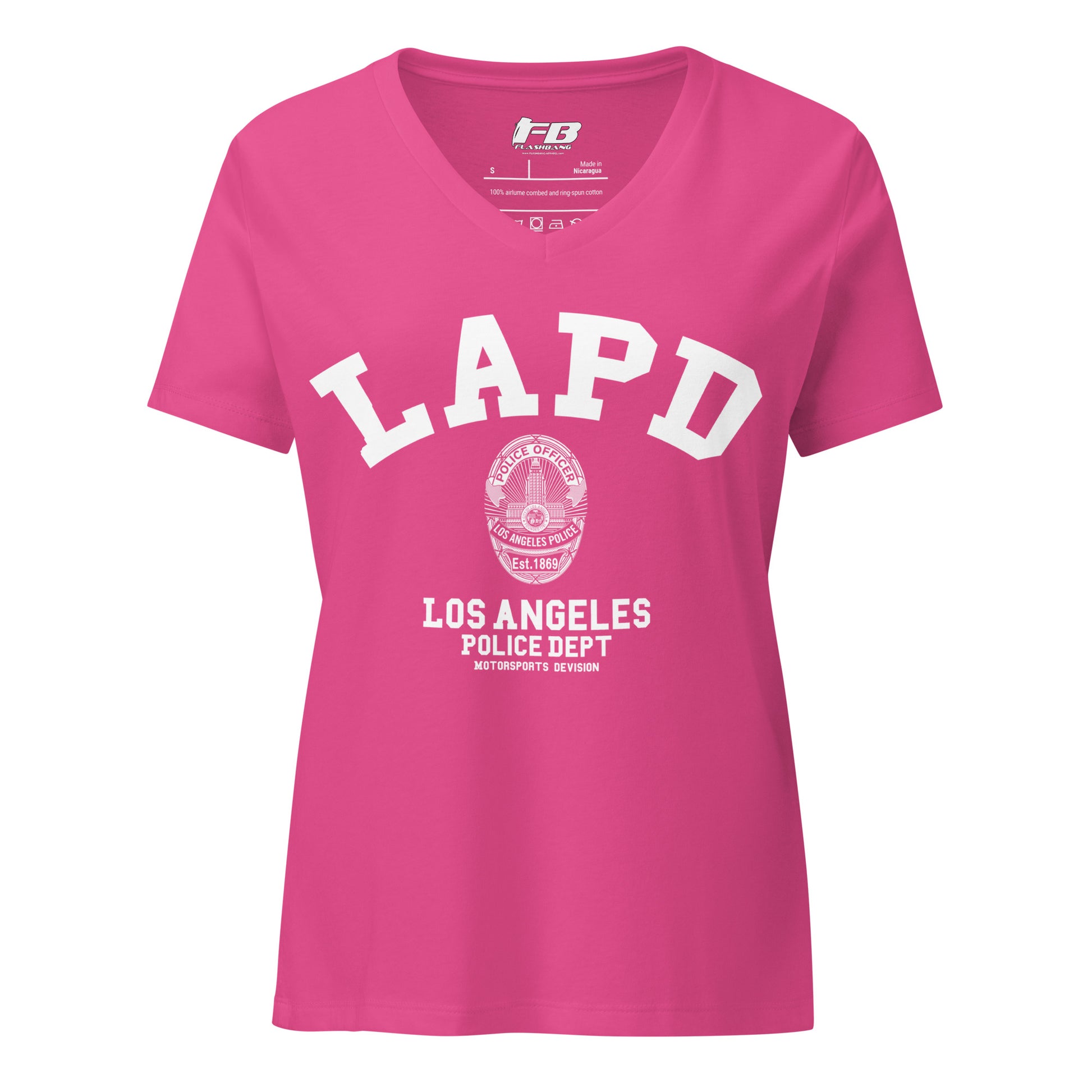 Pink t-shirt with LAPD Los Angeles Police Dept logo on a white background