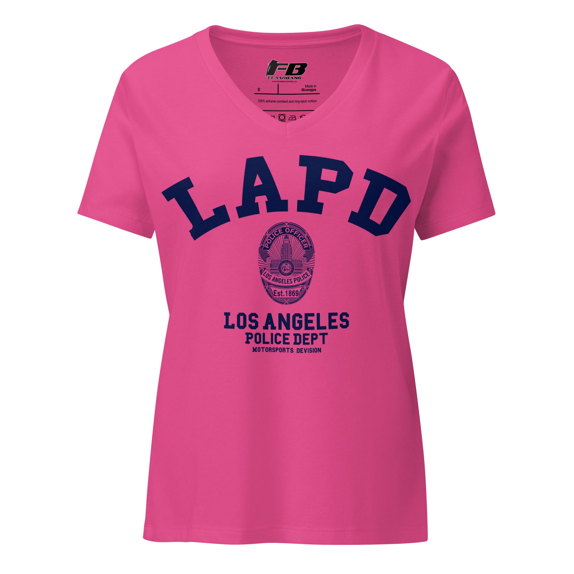 Pink t-shirt with LAPD Los Angeles Police Dept logo on a white background