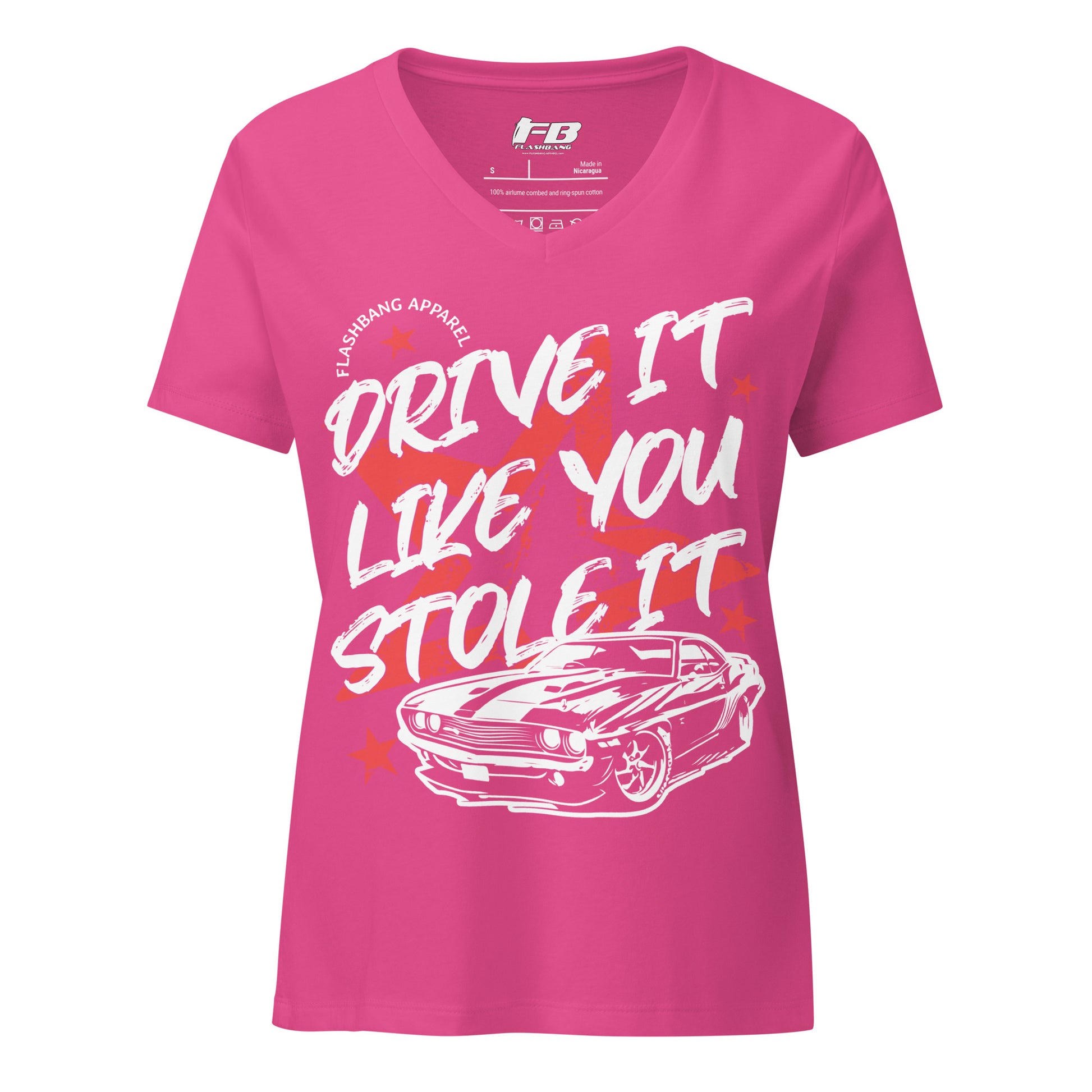 Pink t-shirt with white text and car graphic on a white background