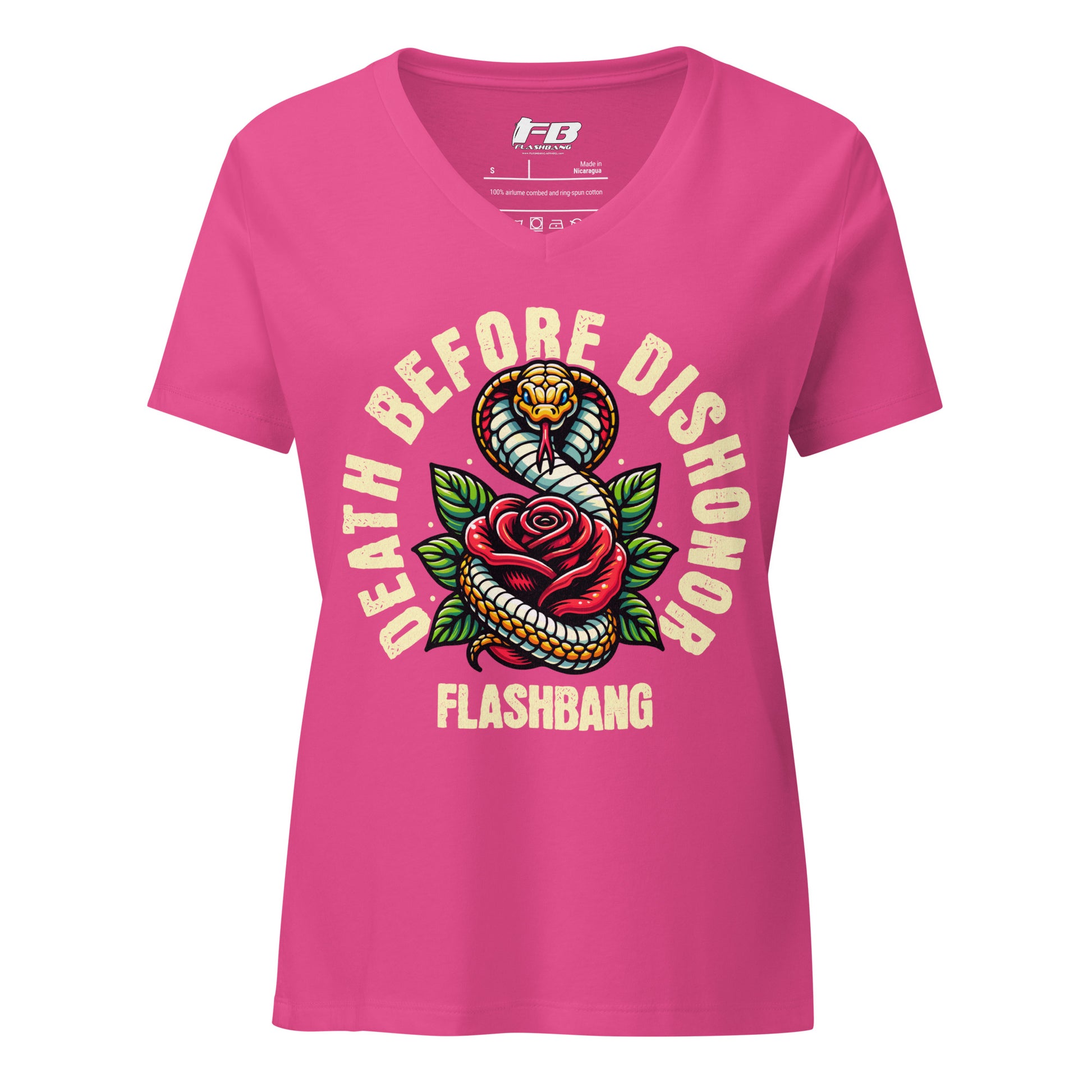 Pink t-shirt with snake and rose design and 'Flashbang' text on a white background