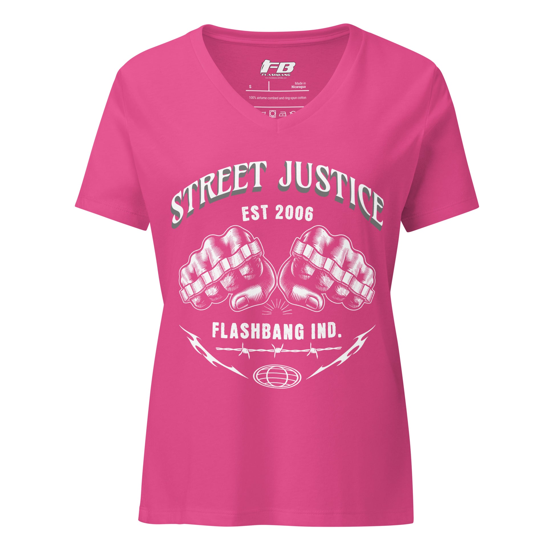 Pink t-shirt with 'Street Justice' and 'Flashbang Ind.' design on a white background