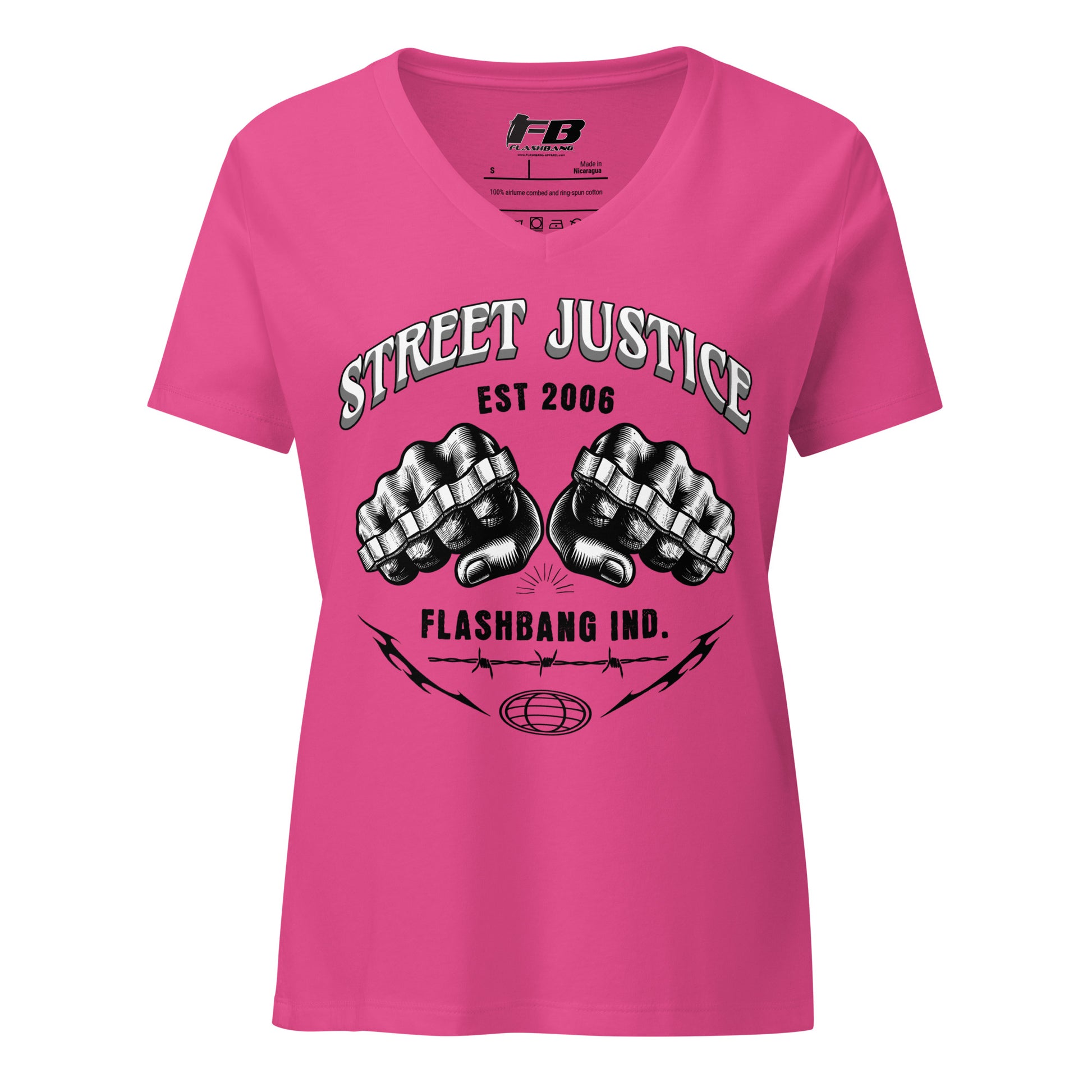 Pink t-shirt with 'Street Justice' and 'Flashbang Ind.' design on a white background