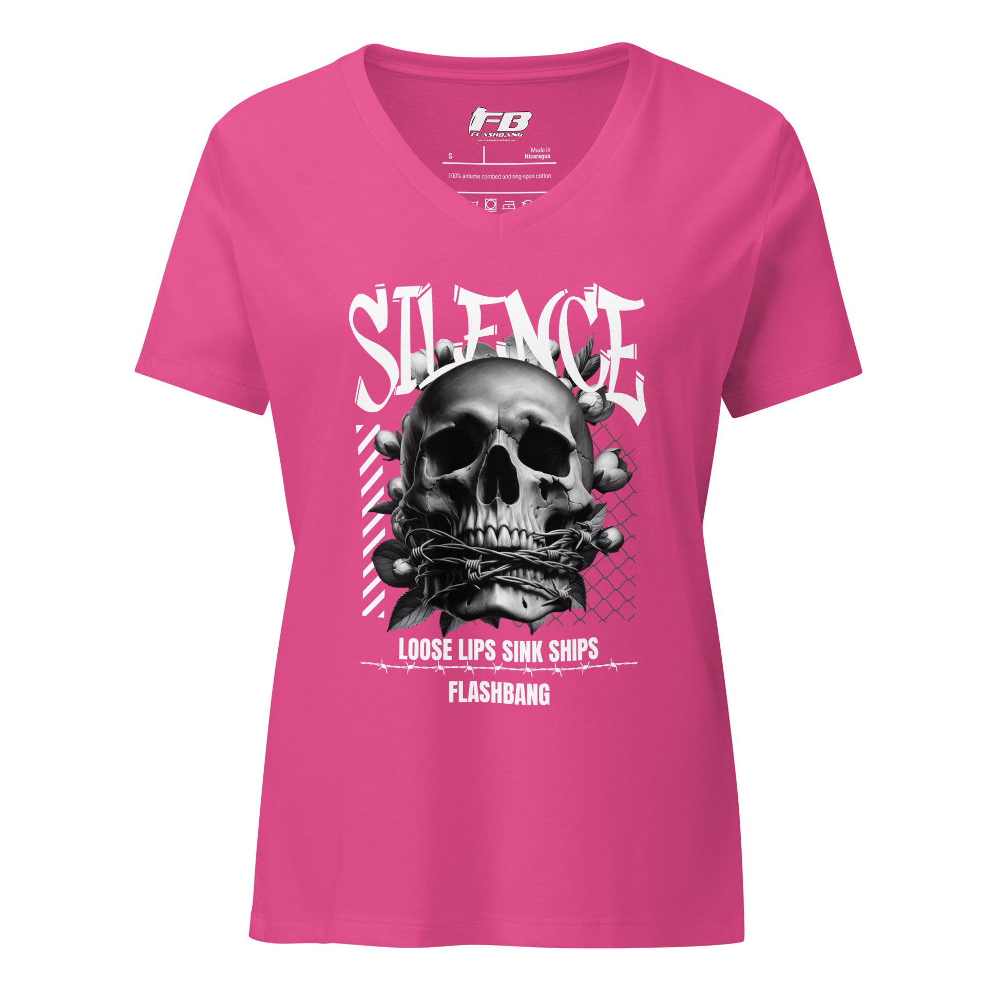 Pink t-shirt with a skull graphic and text on a white background