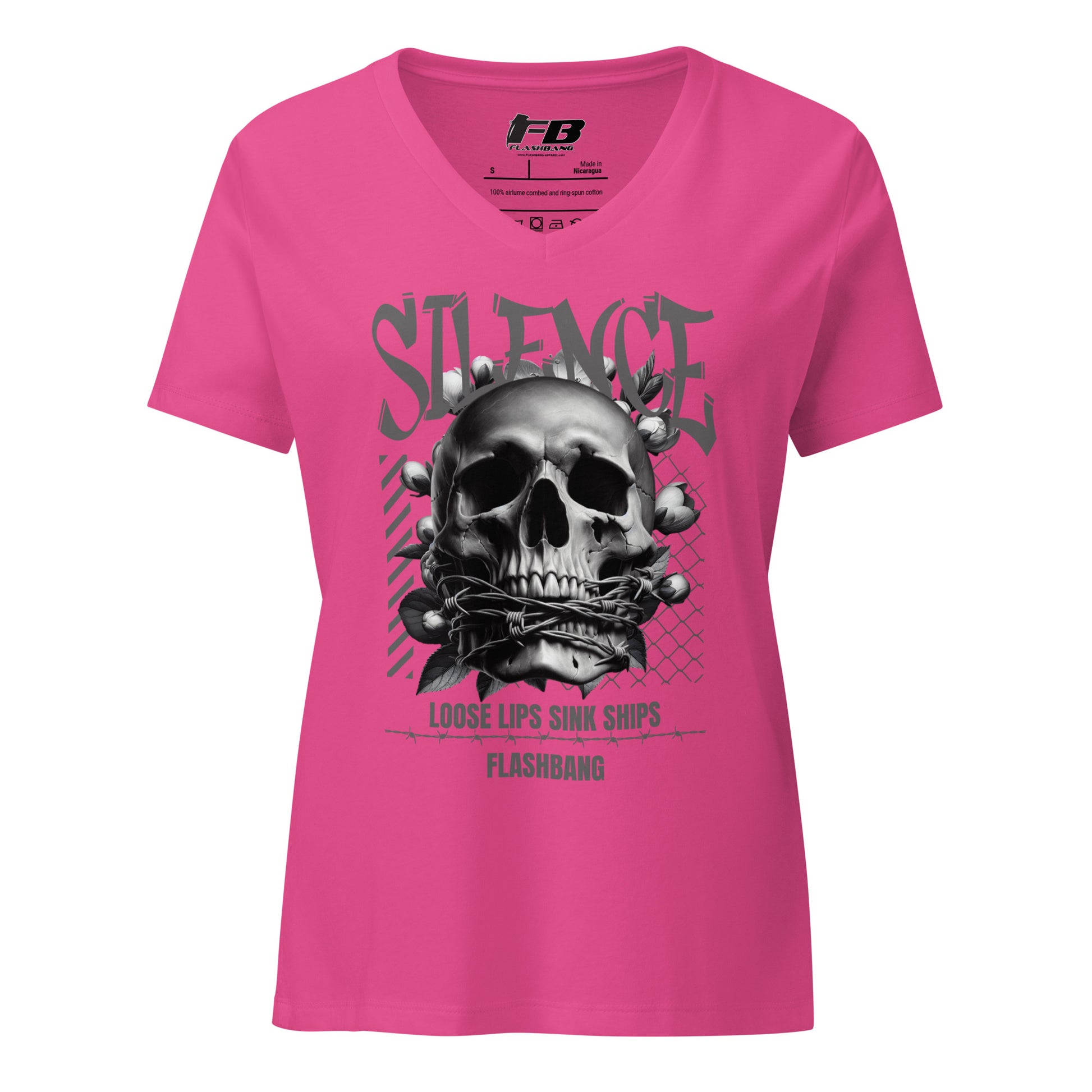 Pink t-shirt with skull graphic and text on a white background