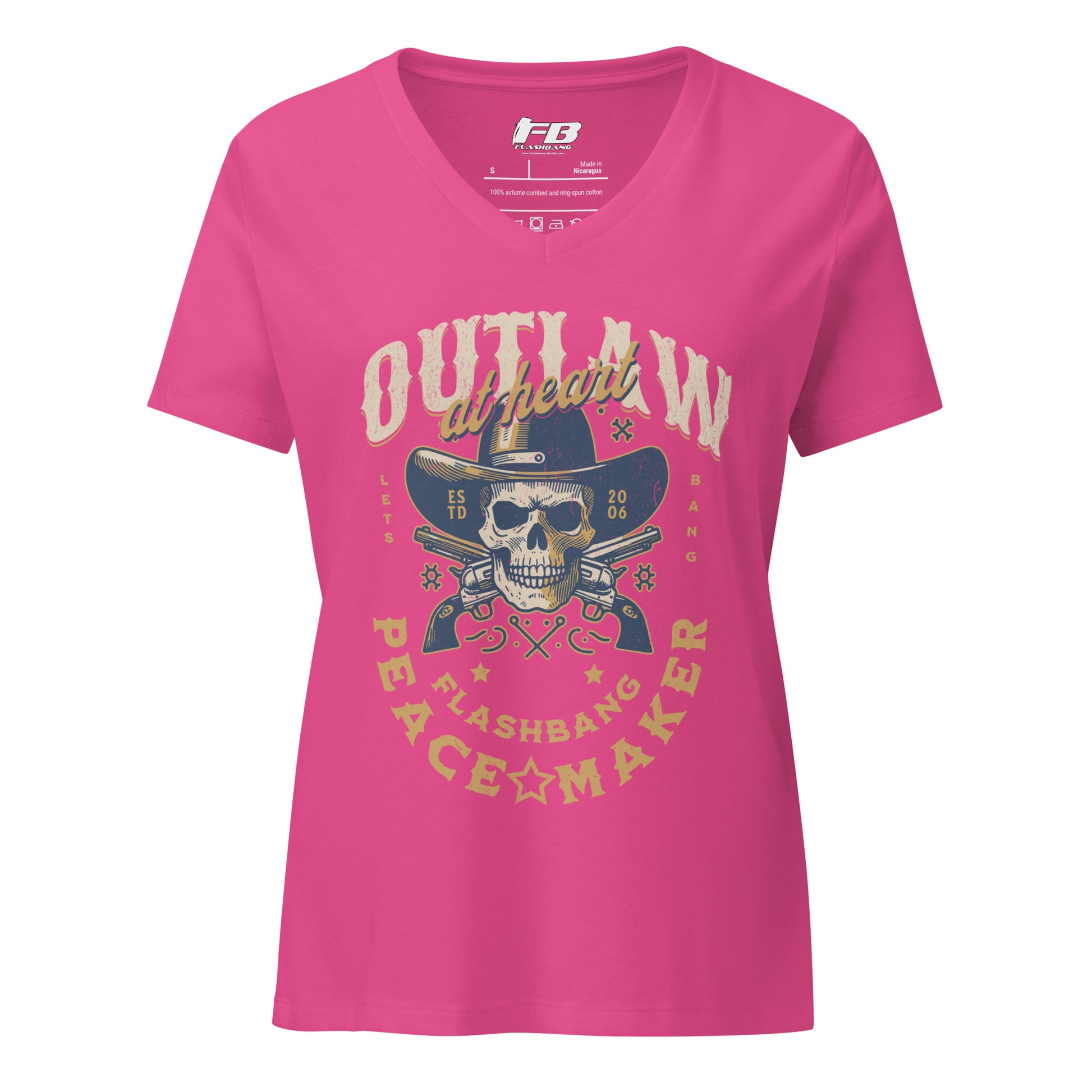 Pink t-shirt with a skull and hat graphic and text on a white background