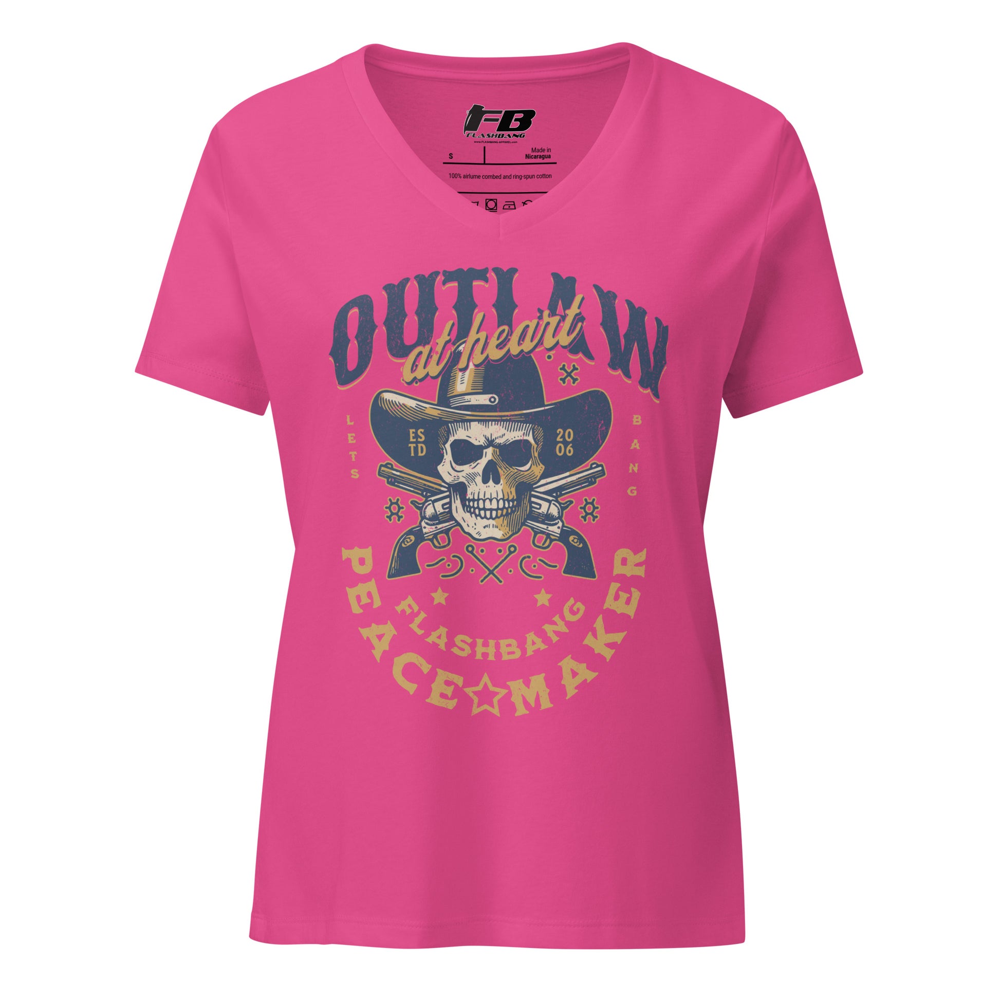 Pink t-shirt with a skull and gun design on a white background