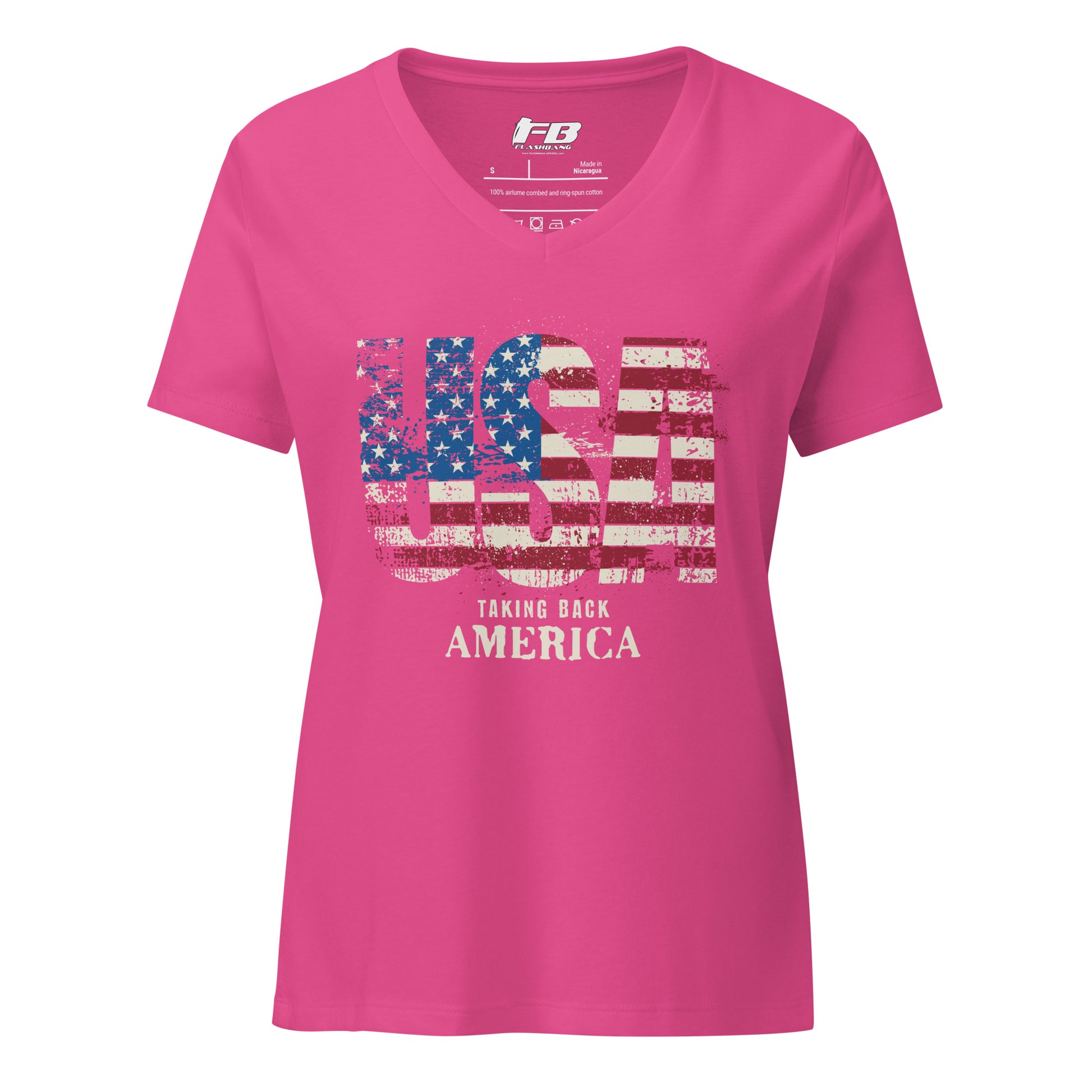Pink t-shirt with American flag design and text on a white background