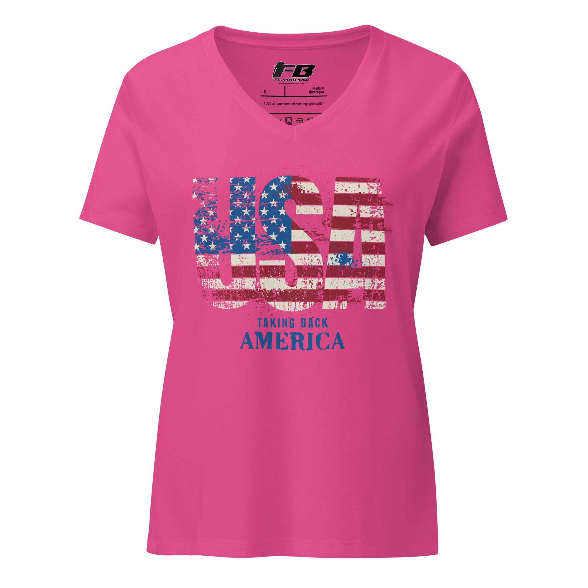 Pink t-shirt with American flag design and text on a white background