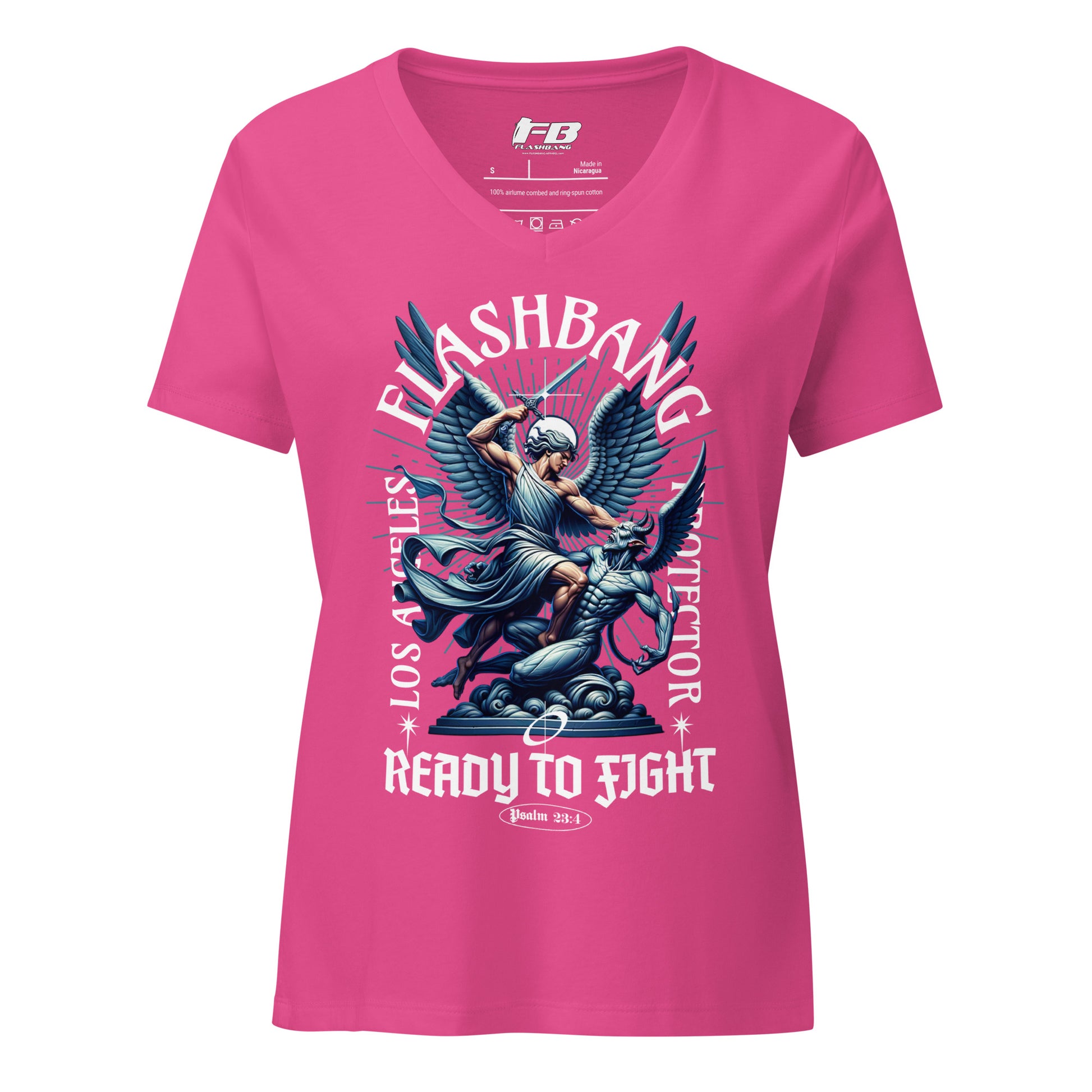 Pink t-shirt with graphic design and text on a white background