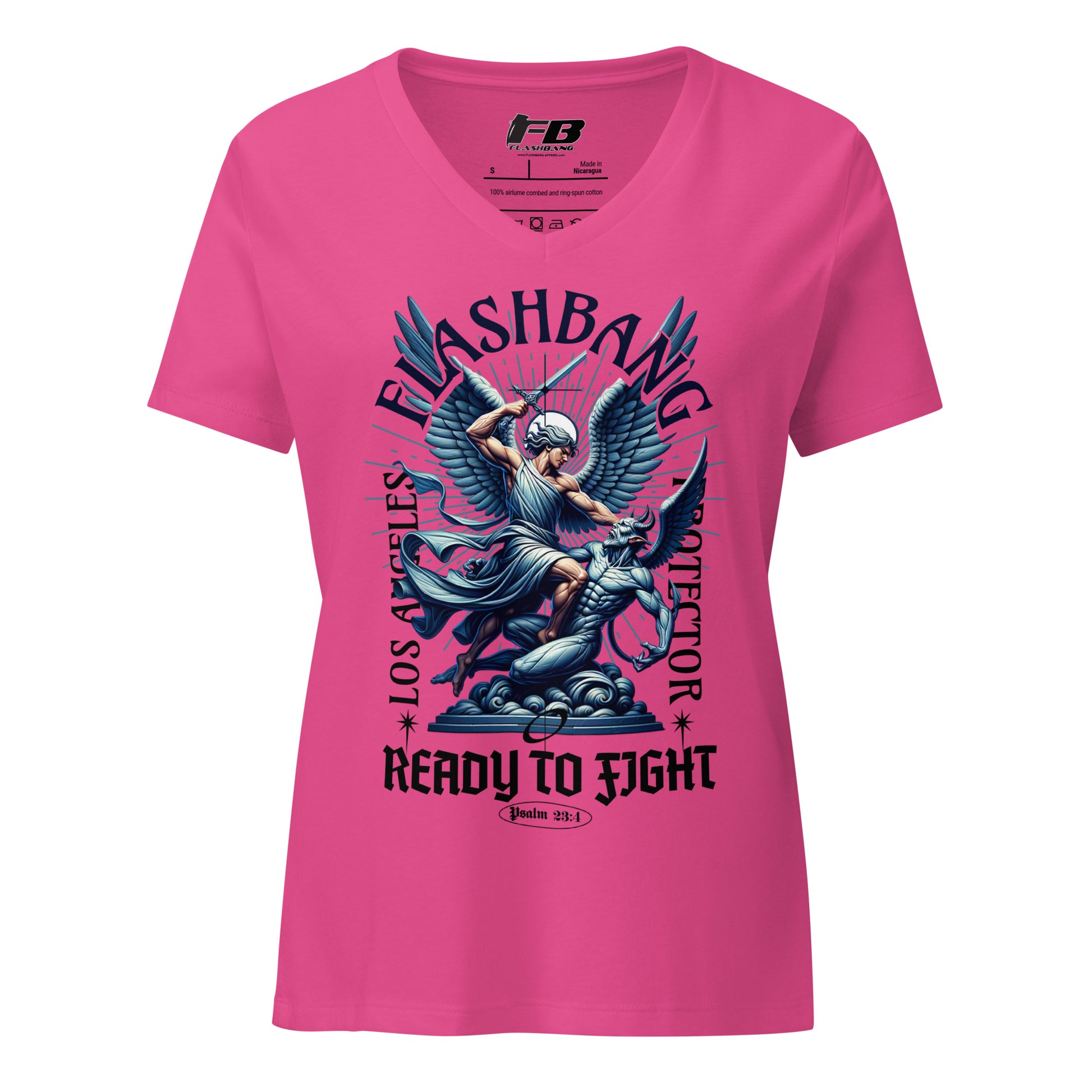 Pink t-shirt with graphic design and text on a white background
