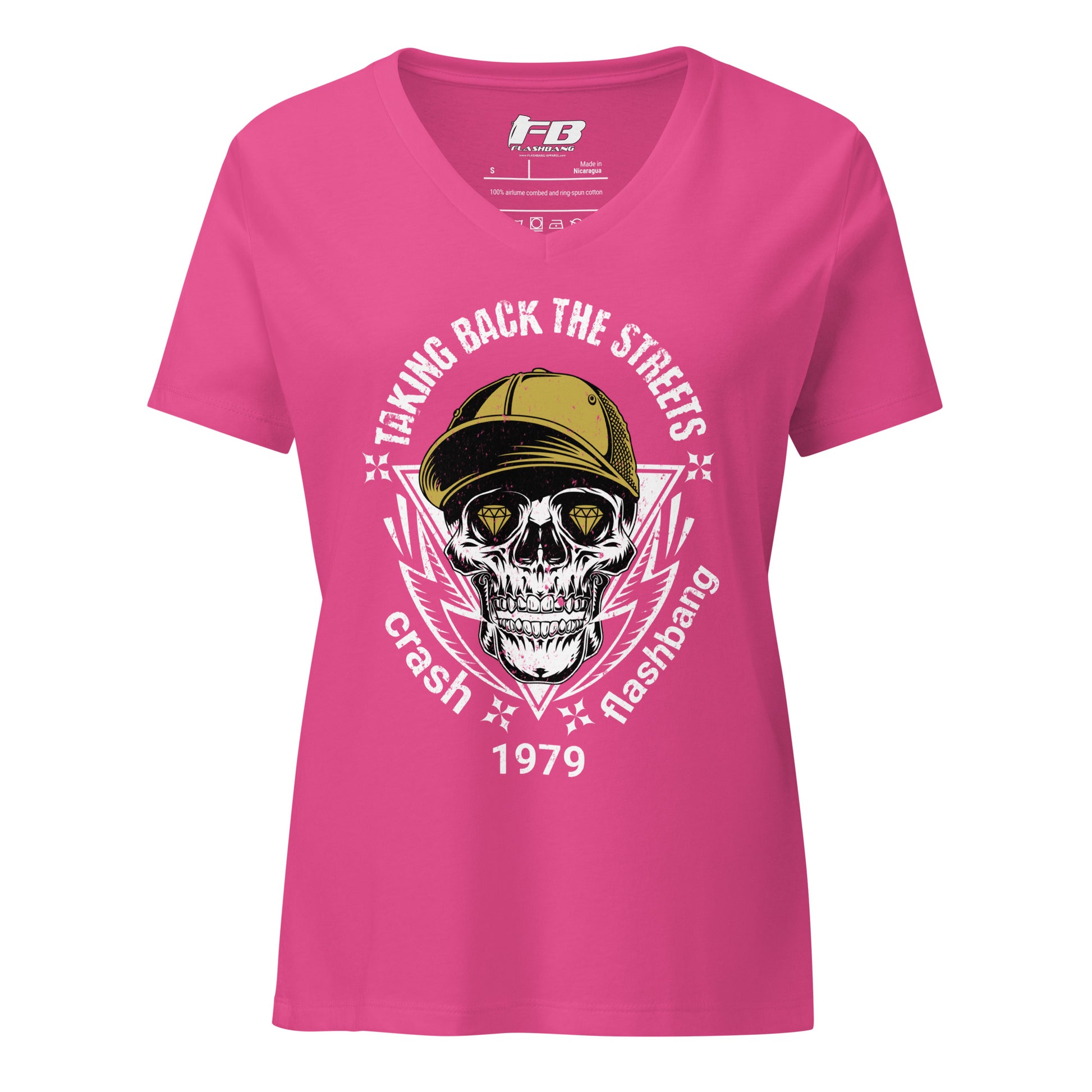 Pink t-shirt with skull and text design on a white background