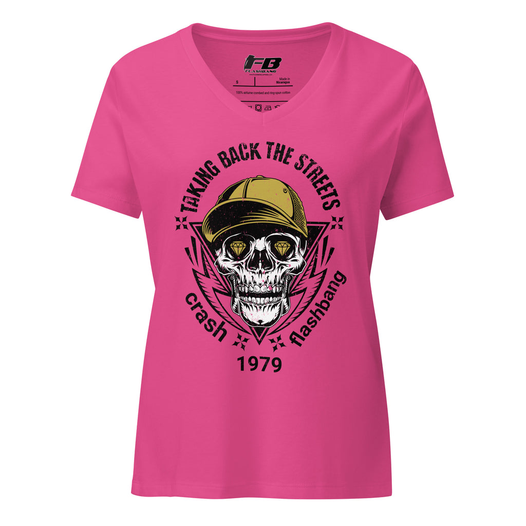 Pink t-shirt with skull graphic and text on a white background