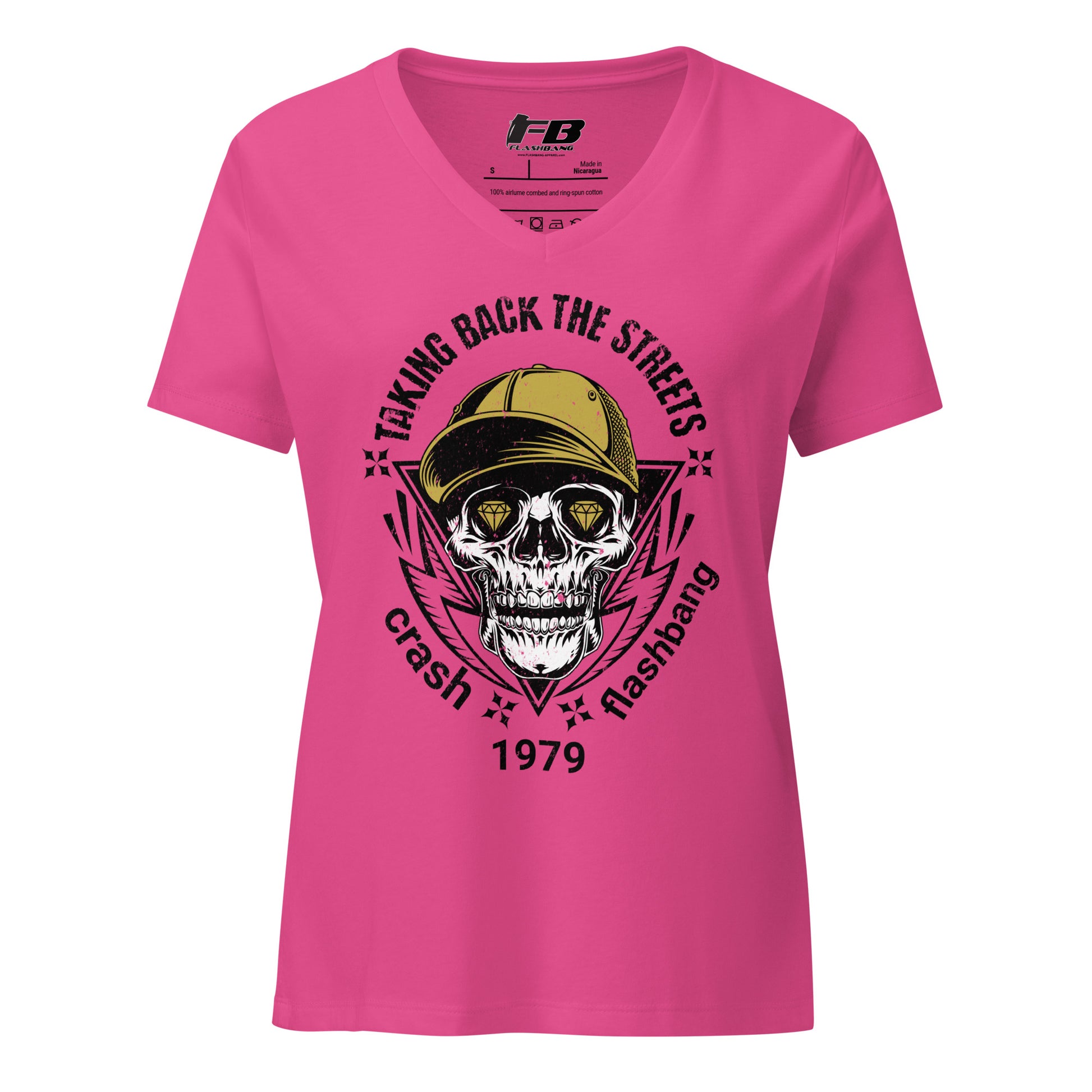 Pink t-shirt with skull graphic and text on a white background