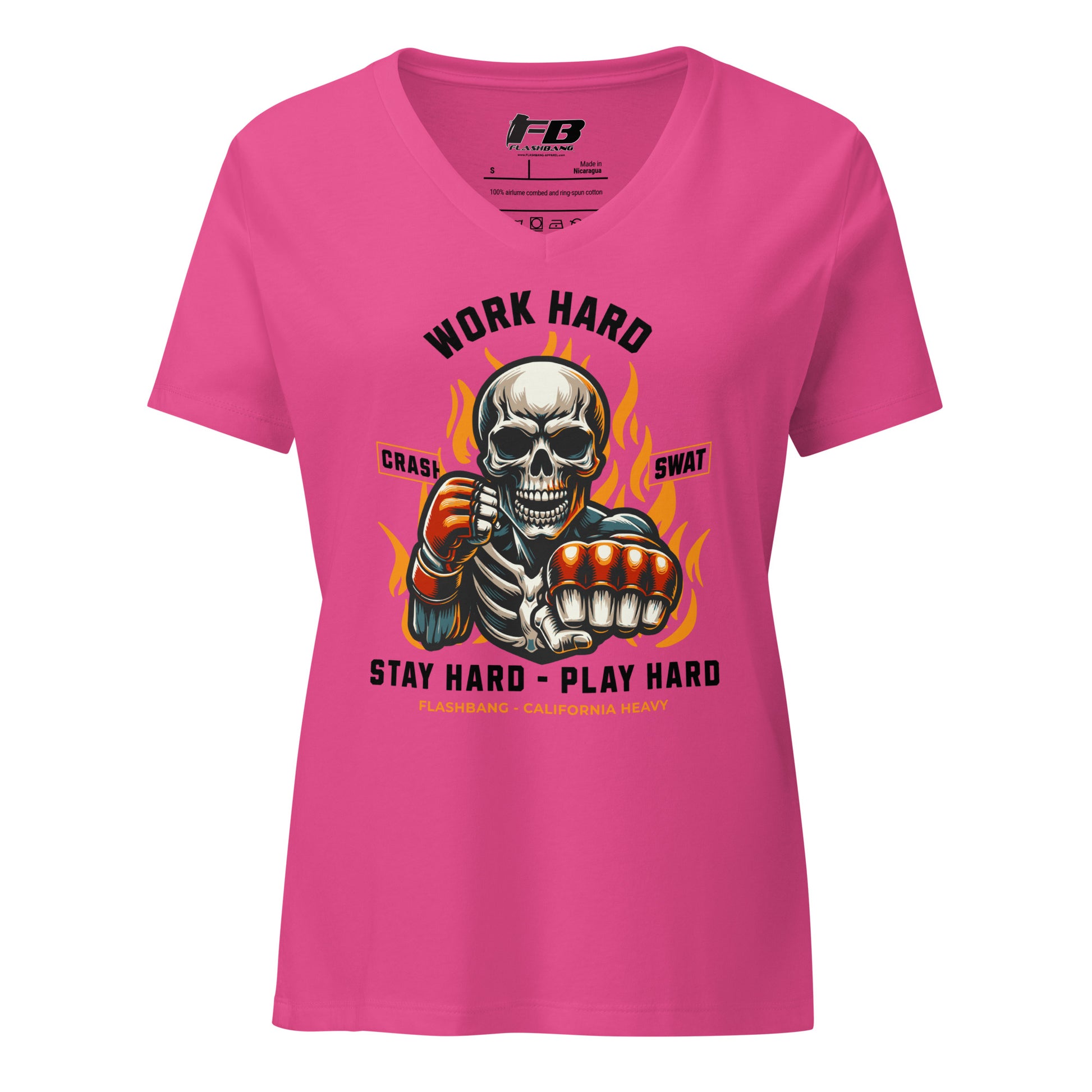 Pink t-shirt with a graphic design of a skeleton fist and skull, featuring text and the brand 'FB'.
