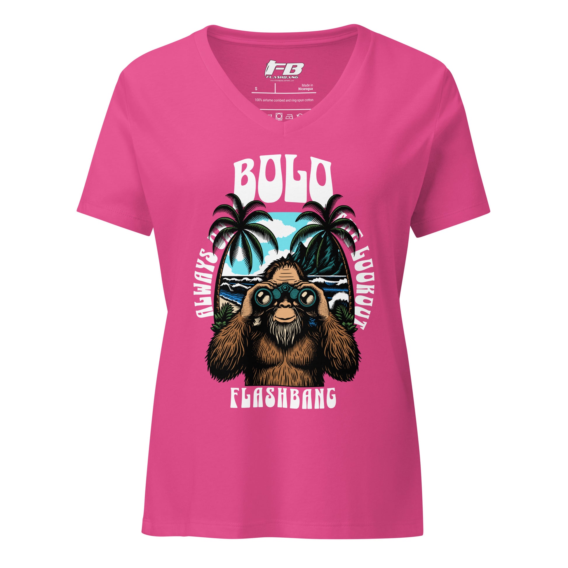 Pink t-shirt with a graphic design of a bear wearing sunglasses and palm trees on a white background.