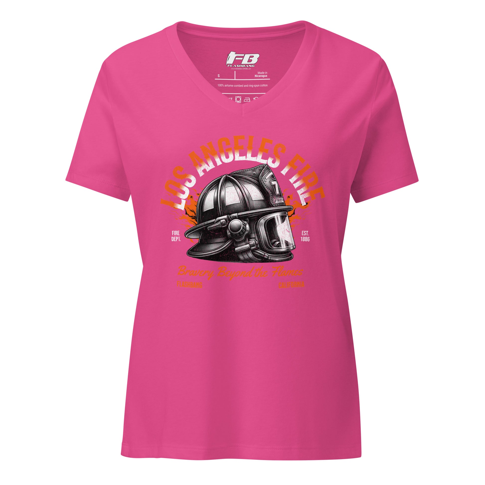 Pink t-shirt with a fire helmet graphic and 'Los Angeles Fire' text on a white background