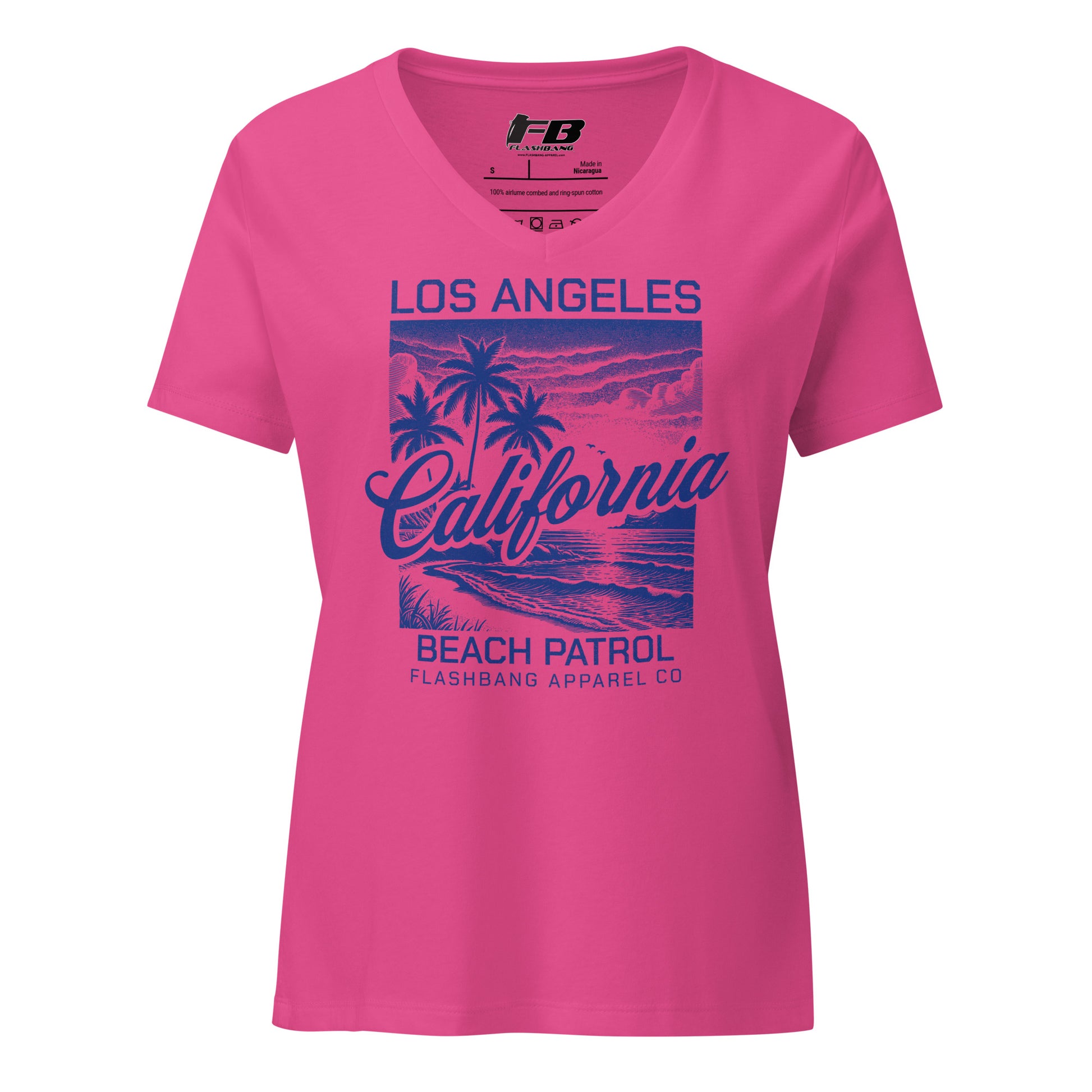 Pink t-shirt with 'Los Angeles California Beach Patrol' design on a white background