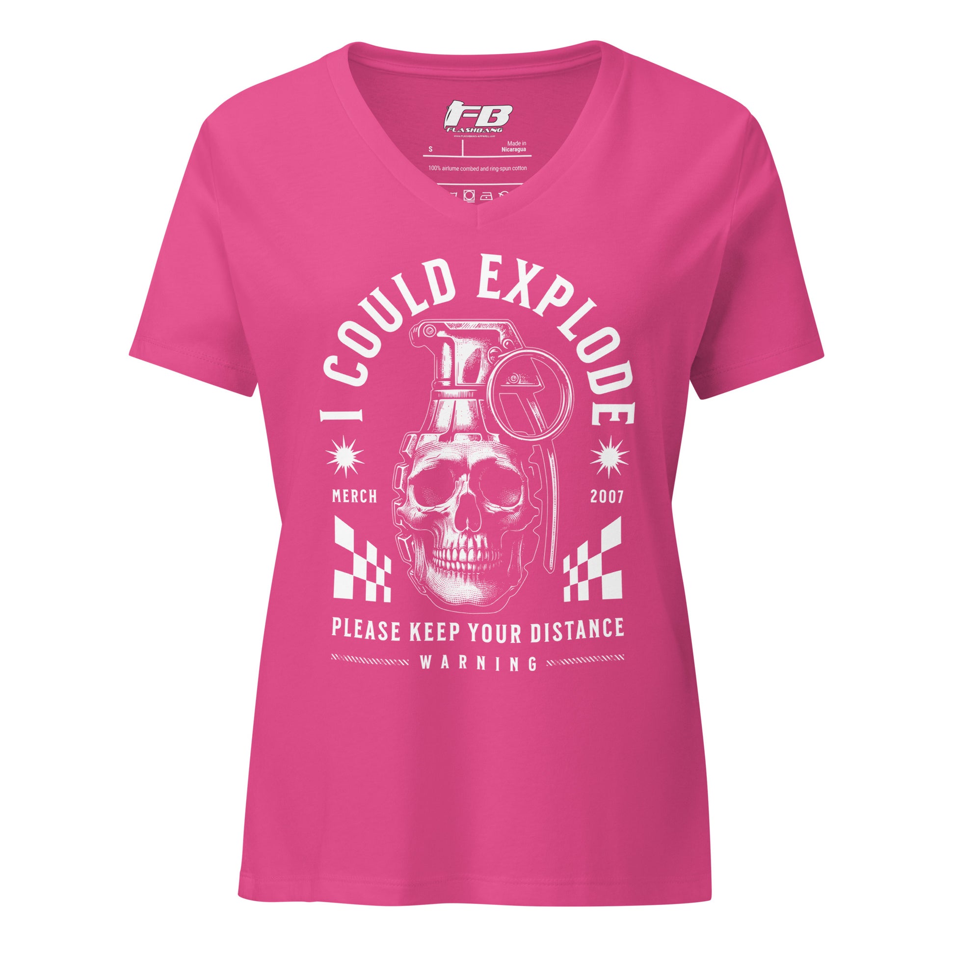 Pink t-shirt with white graphic design on a white background