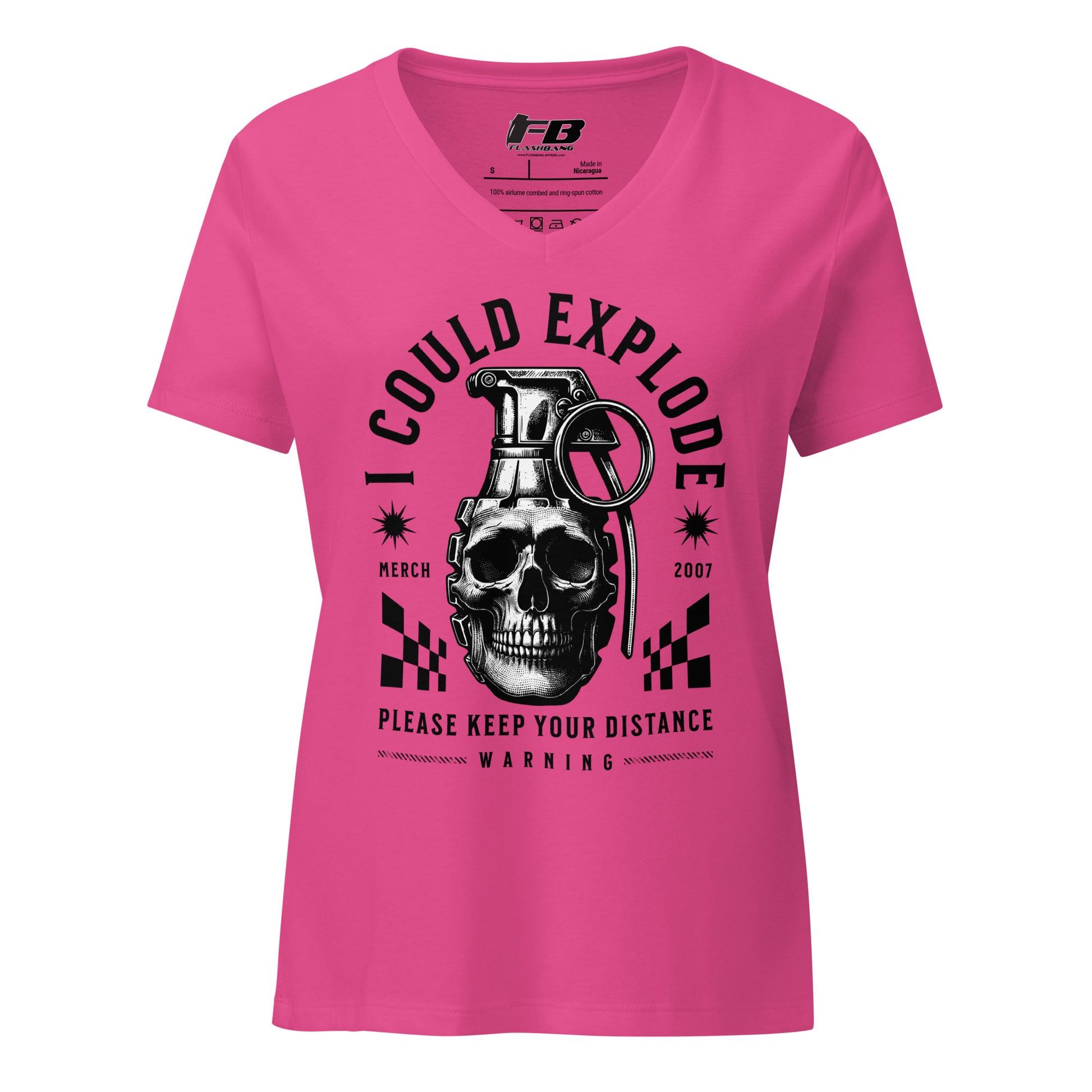 Pink t-shirt with a graphic design featuring a skull and grenade on a white background