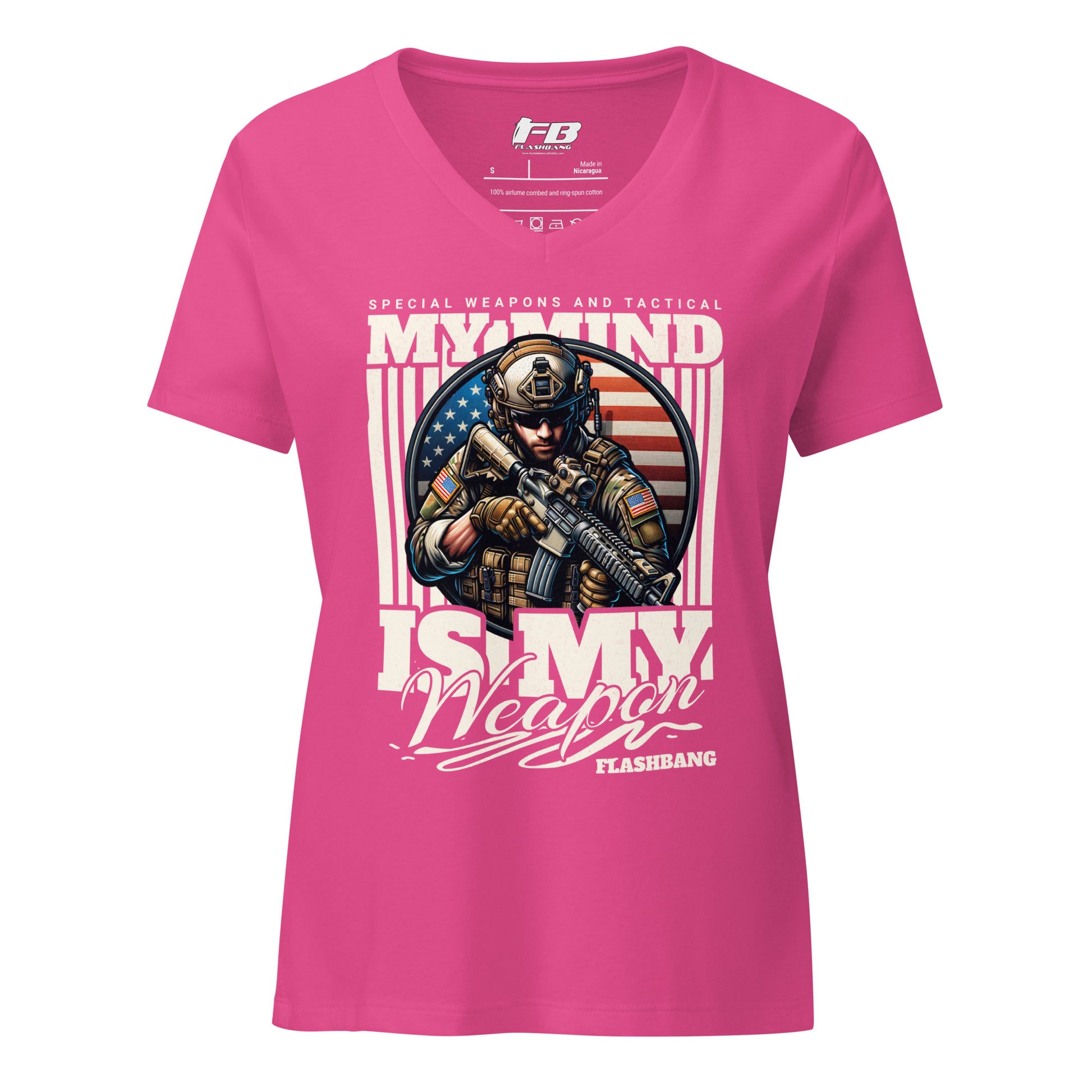 Pink t-shirt with graphic design and text on a white background