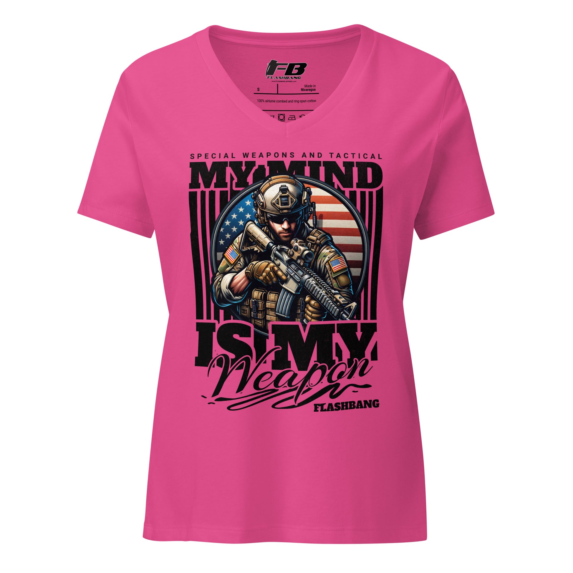 Pink t-shirt with graphic design and text on a white background
