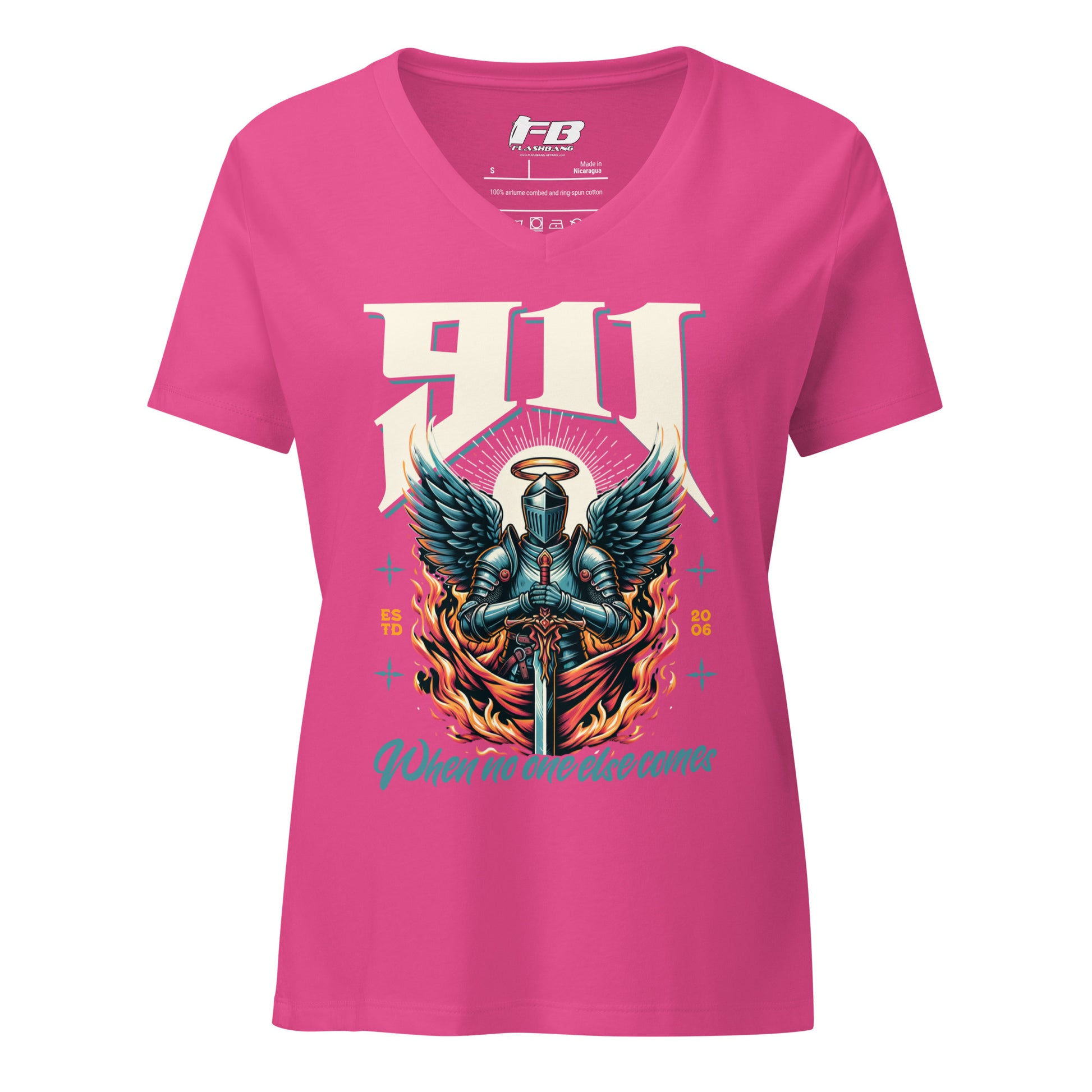 Pink t-shirt with a graphic design of a knight and text on a white background