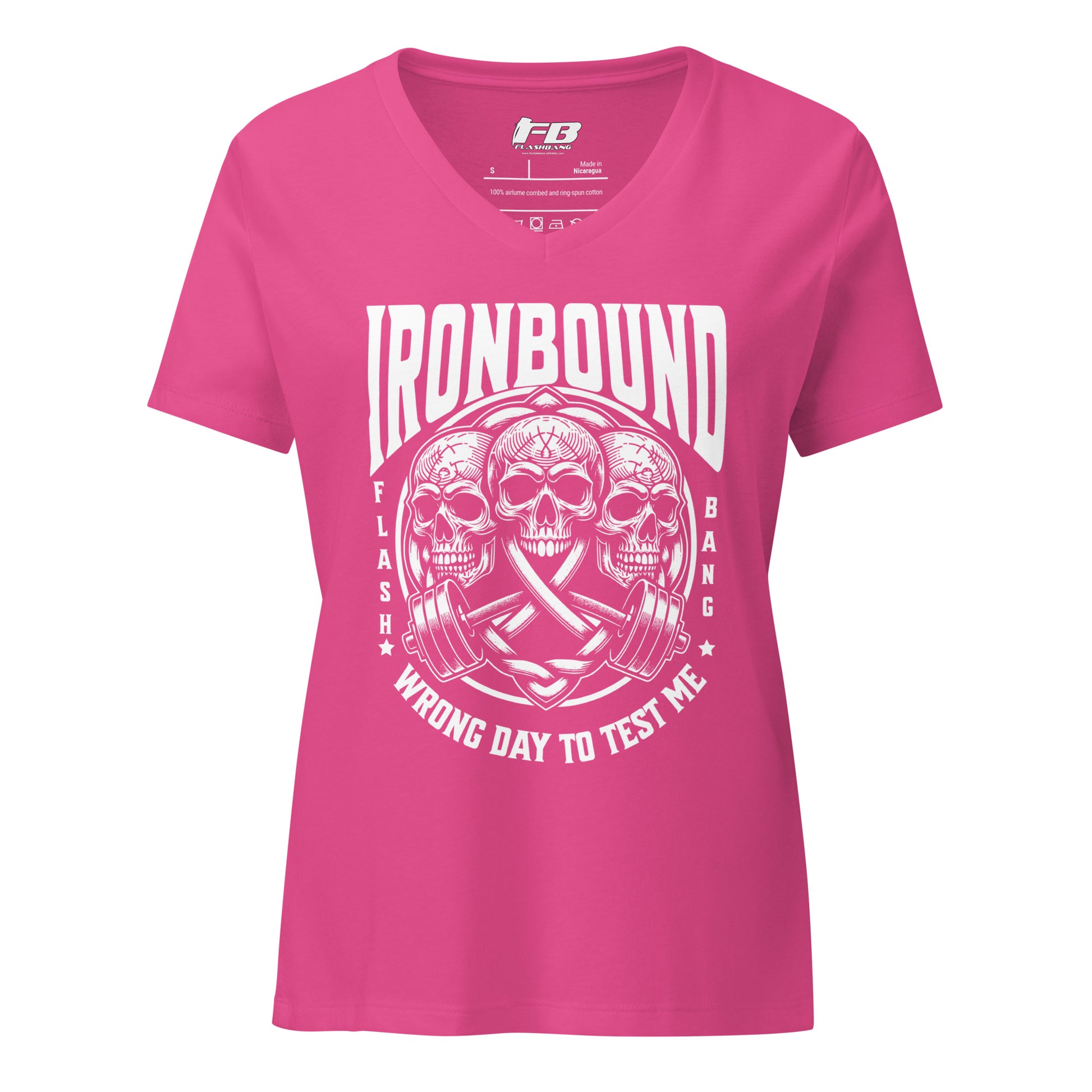 Pink t-shirt with white graphic design and text on a white background