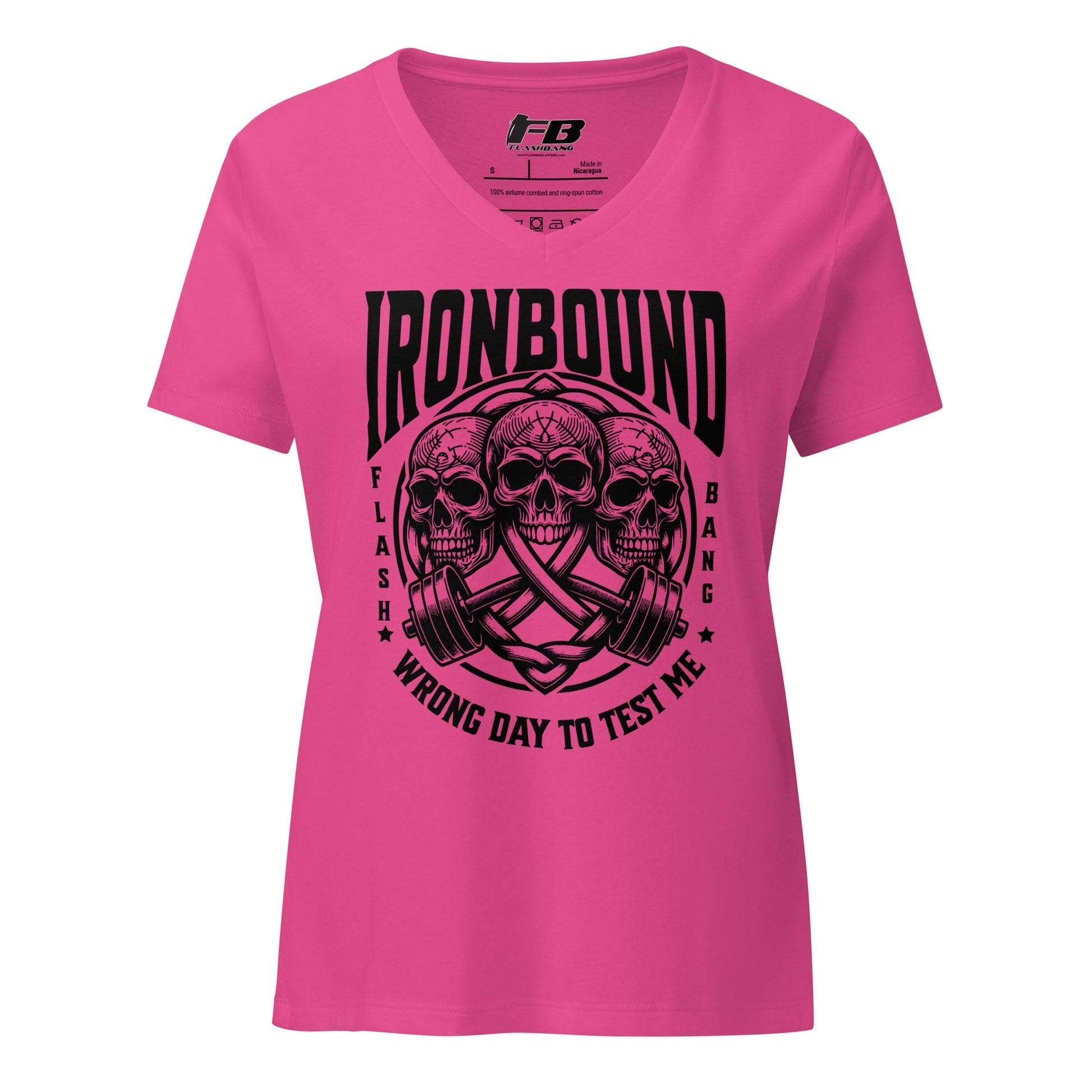 Pink t-shirt with black graphic design and text on a white background