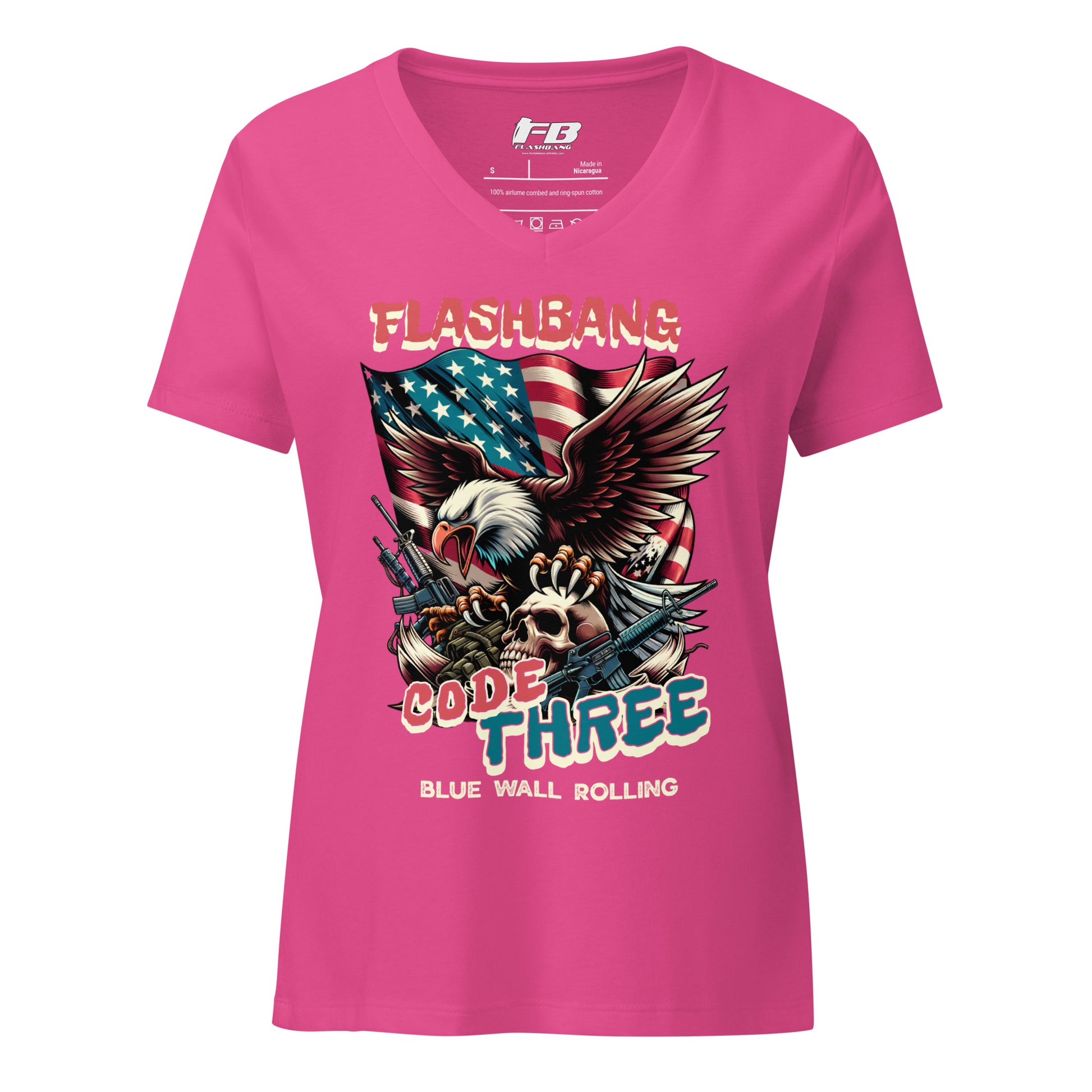 Pink t-shirt with graphic design and text on a white background