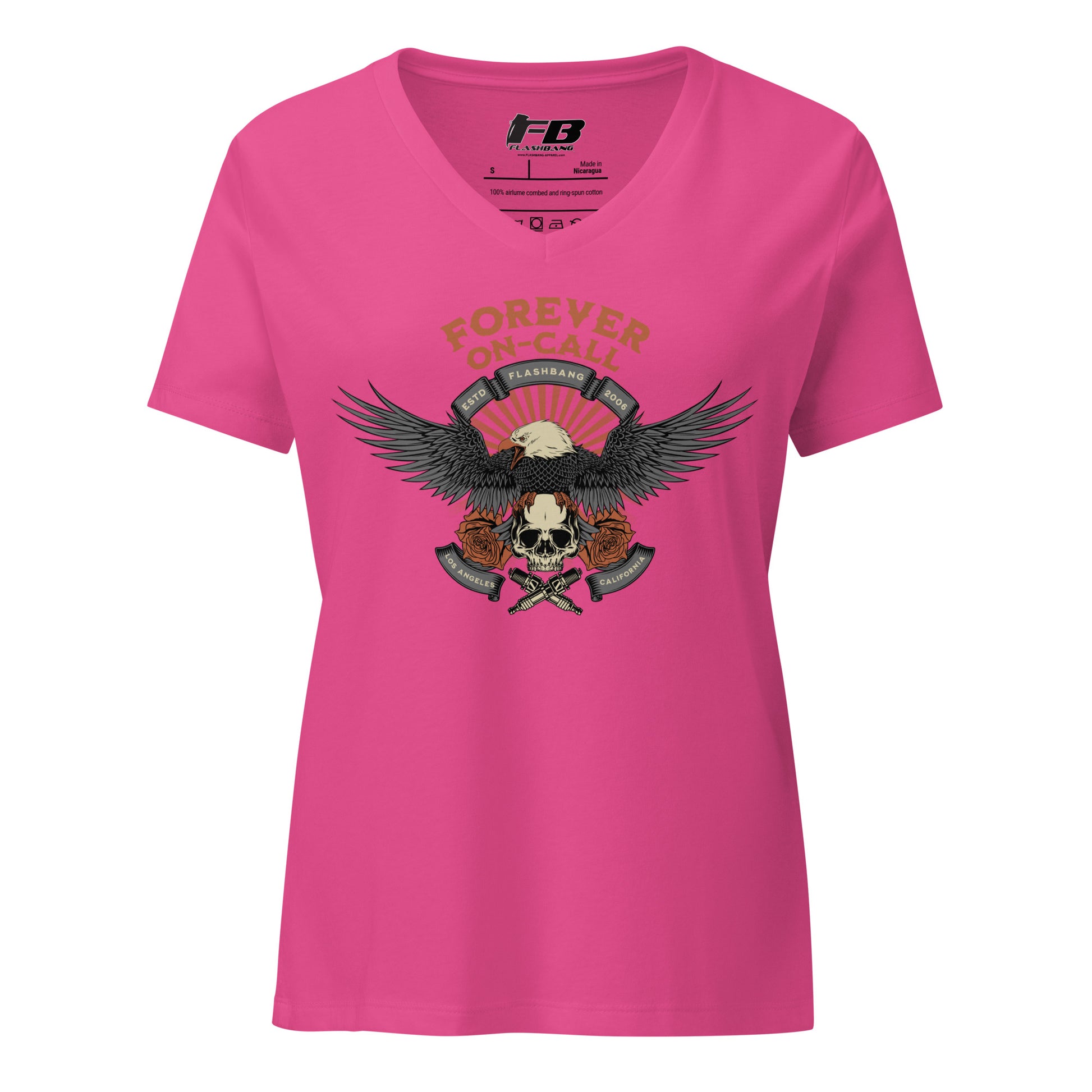 Pink t-shirt with graphic design featuring an eagle and skull on a white background