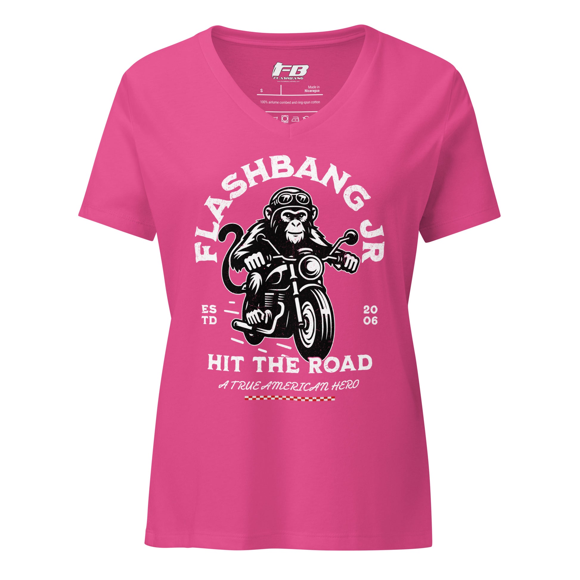 Pink t-shirt with monkey on a motorcycle graphic and text on a white background