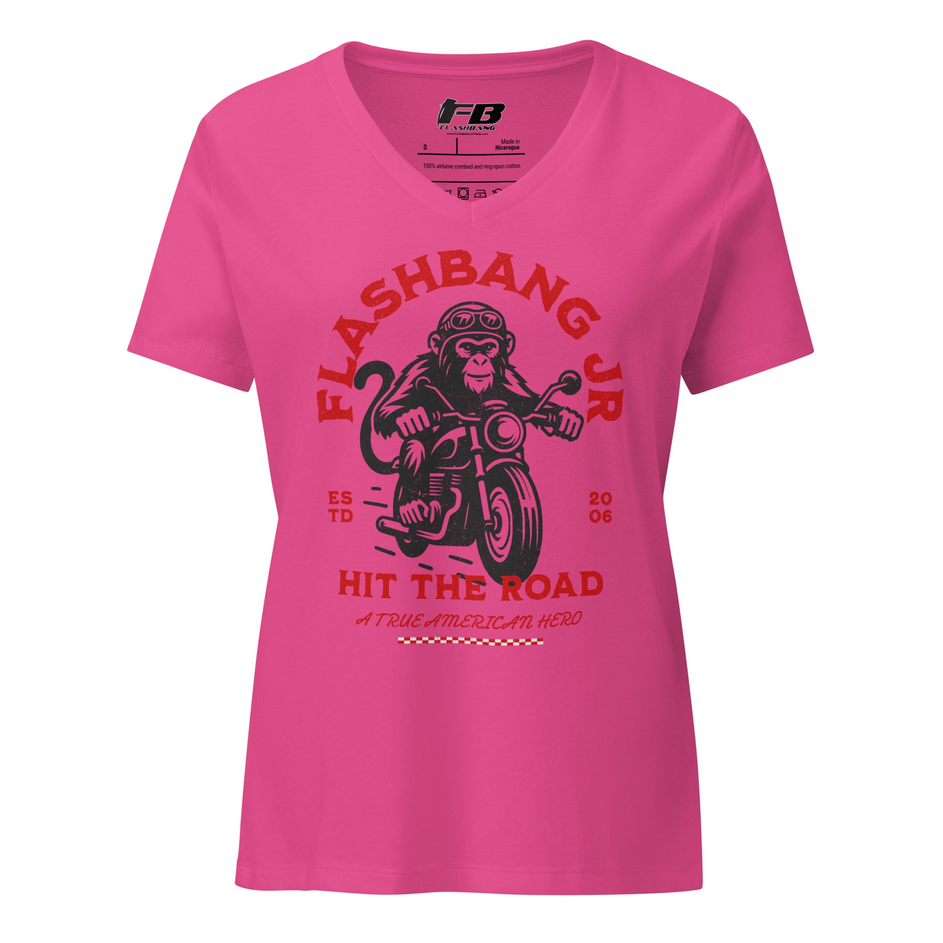 Pink t-shirt with monkey on a motorcycle graphic and 'Flashbang Jr' text on a white background
