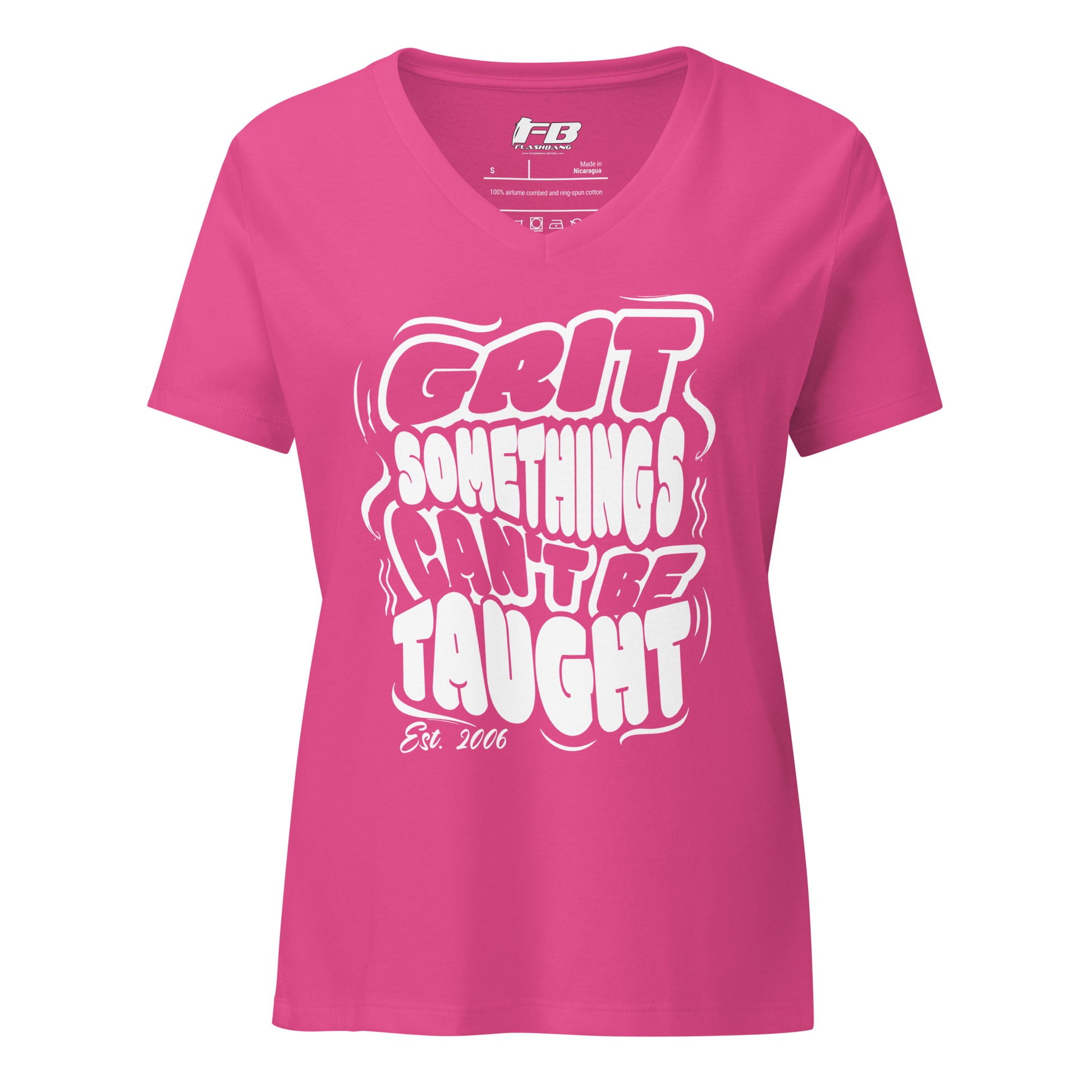Pink t-shirt with white text on a white background