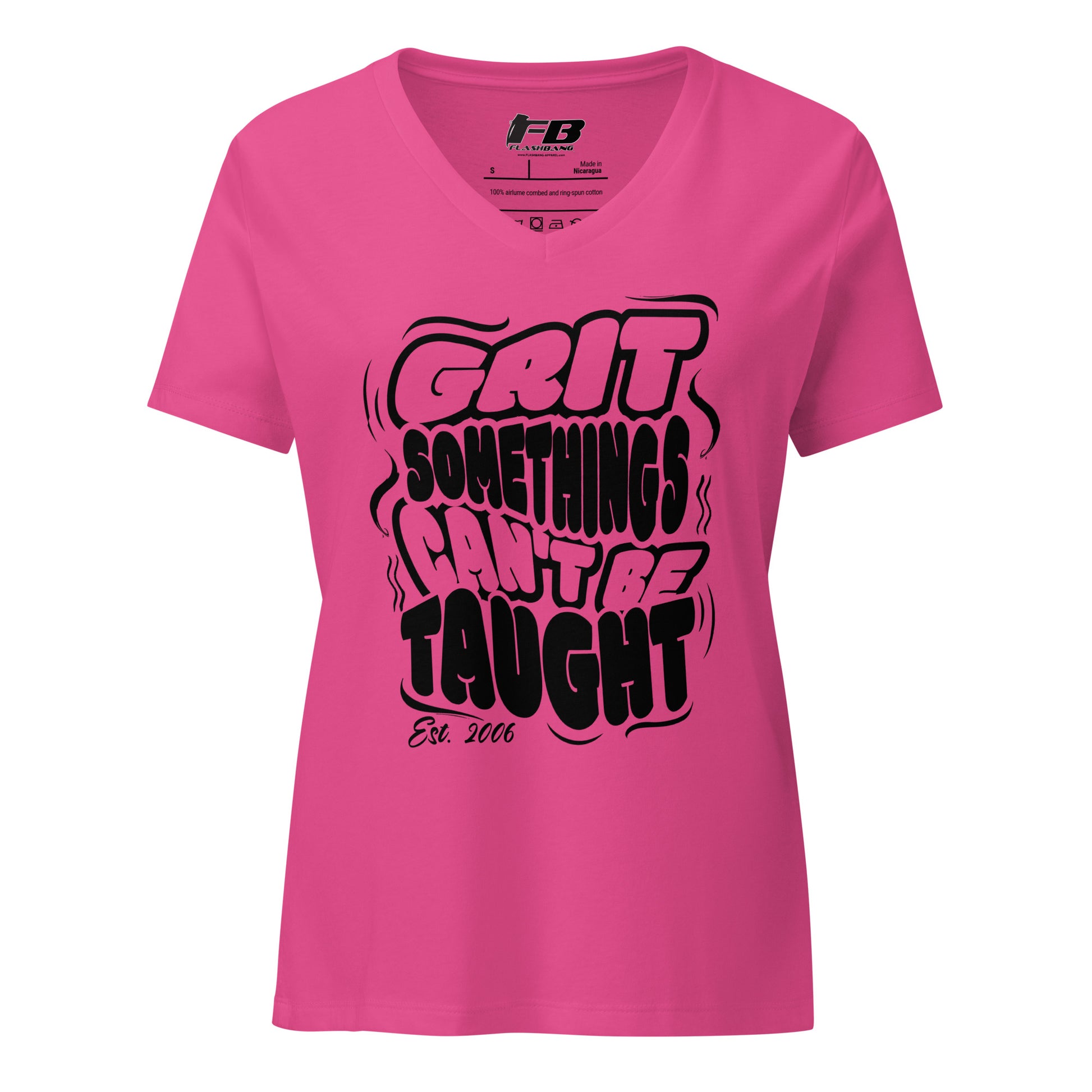 Pink t-shirt with black text on a white background