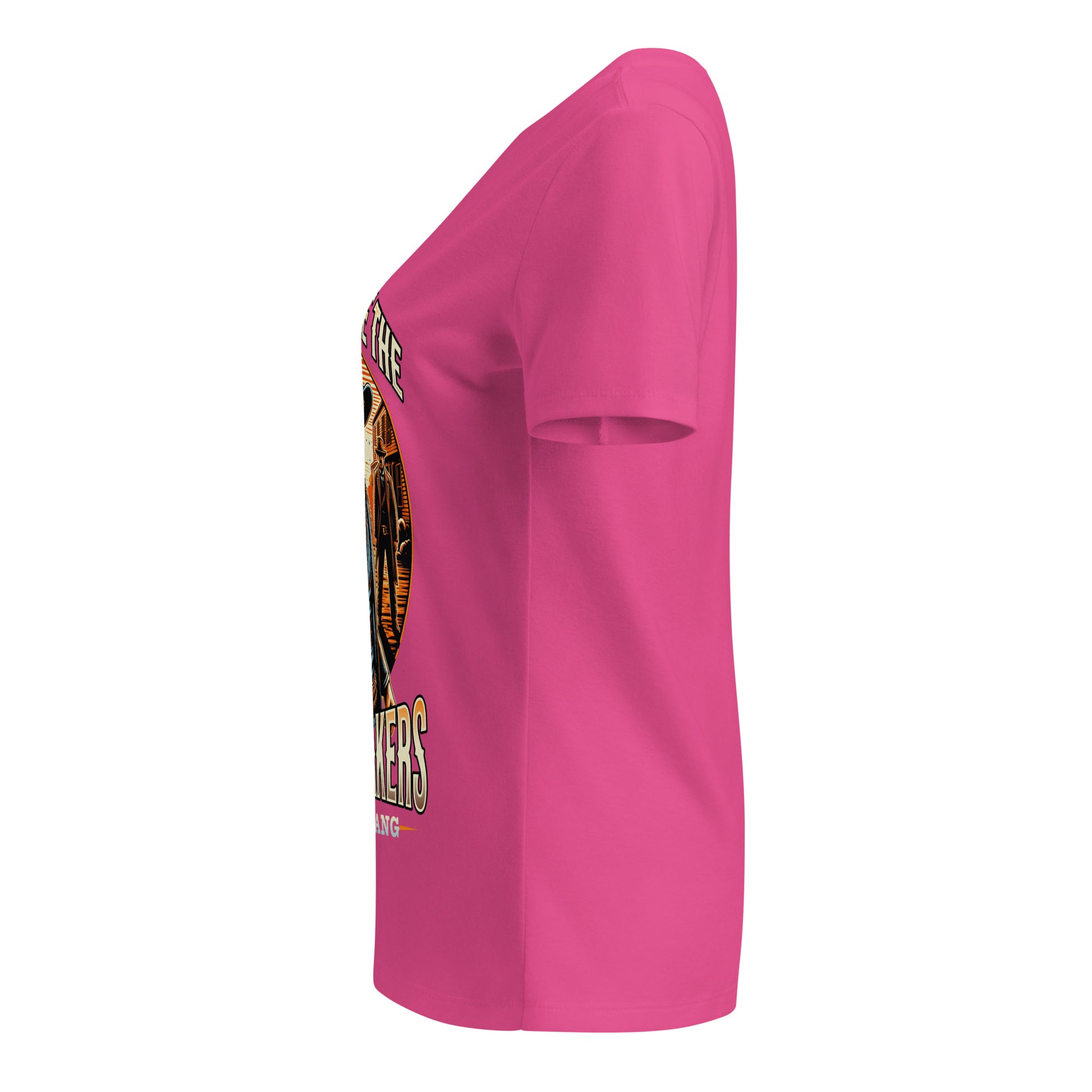 Pink t-shirt with a graphic design on the sleeve against a white background