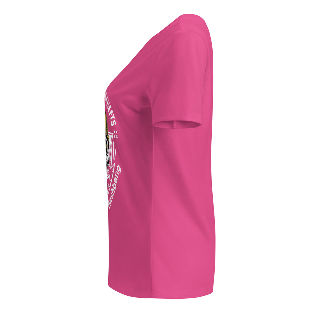 Pink t-shirt with a logo on the sleeve against a white background